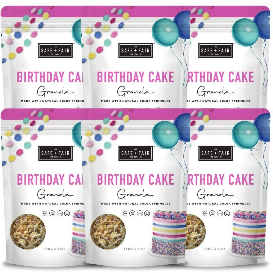 Safe + Fair Birthday Cake Granola - Gluten-Free, Dairy Free And Vegan Breakfast, Snack Or Dessert - Free From Top 9 Allergens, Trans Fat And Artificial Ingredients - Non Gmo, 12Oz, 6 Pack