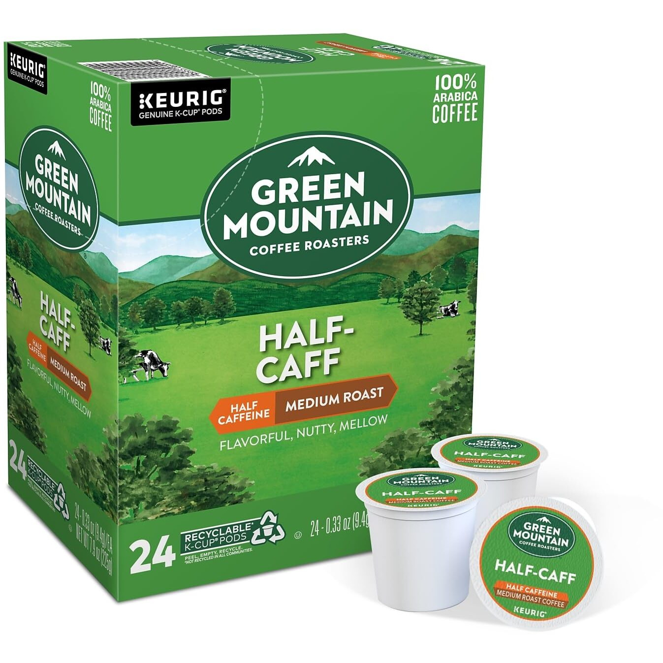 Green Mountain Coffee Roasters Half Caff, Single-Serve Keurig K-Cup Pods, Medium Roast Coffee, 24 Count