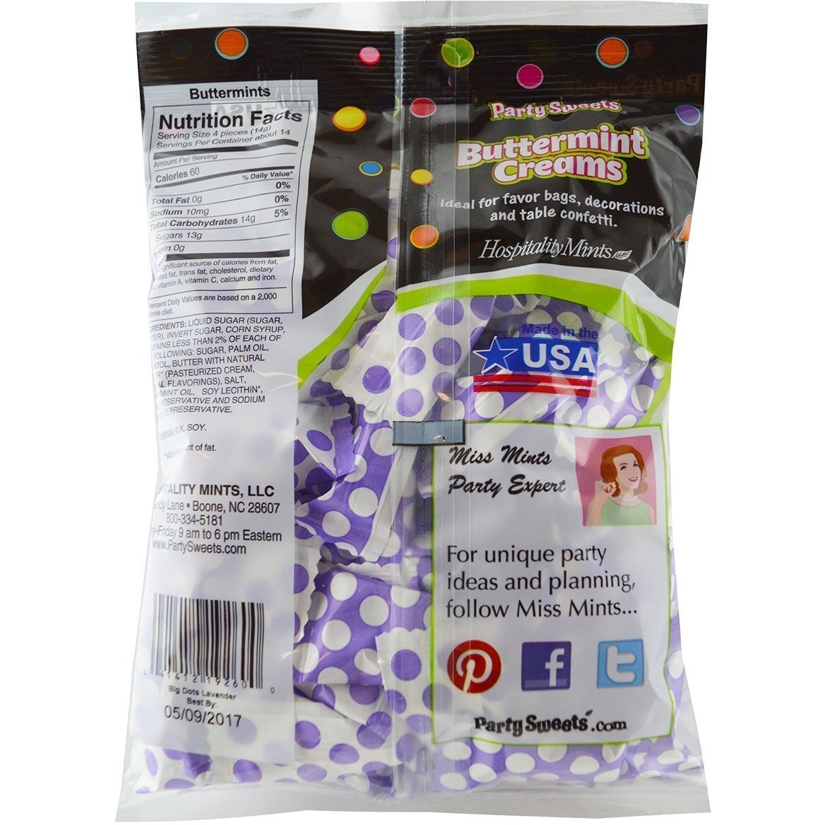 Party Sweets Big Dots Lavender Buttermints By Hospitality Mints, Appx 300 Mints, 7-Ounce Bags (Pack Of 6), White