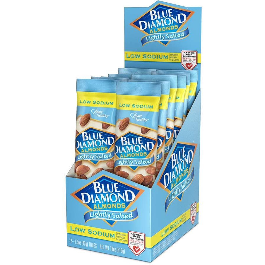 Blue Diamond Almonds, Low Sodium, Lightly Salted Flavored Snack Nuts, Single Serve Bags (1.5 Oz. Tubes, Pack Of 12)