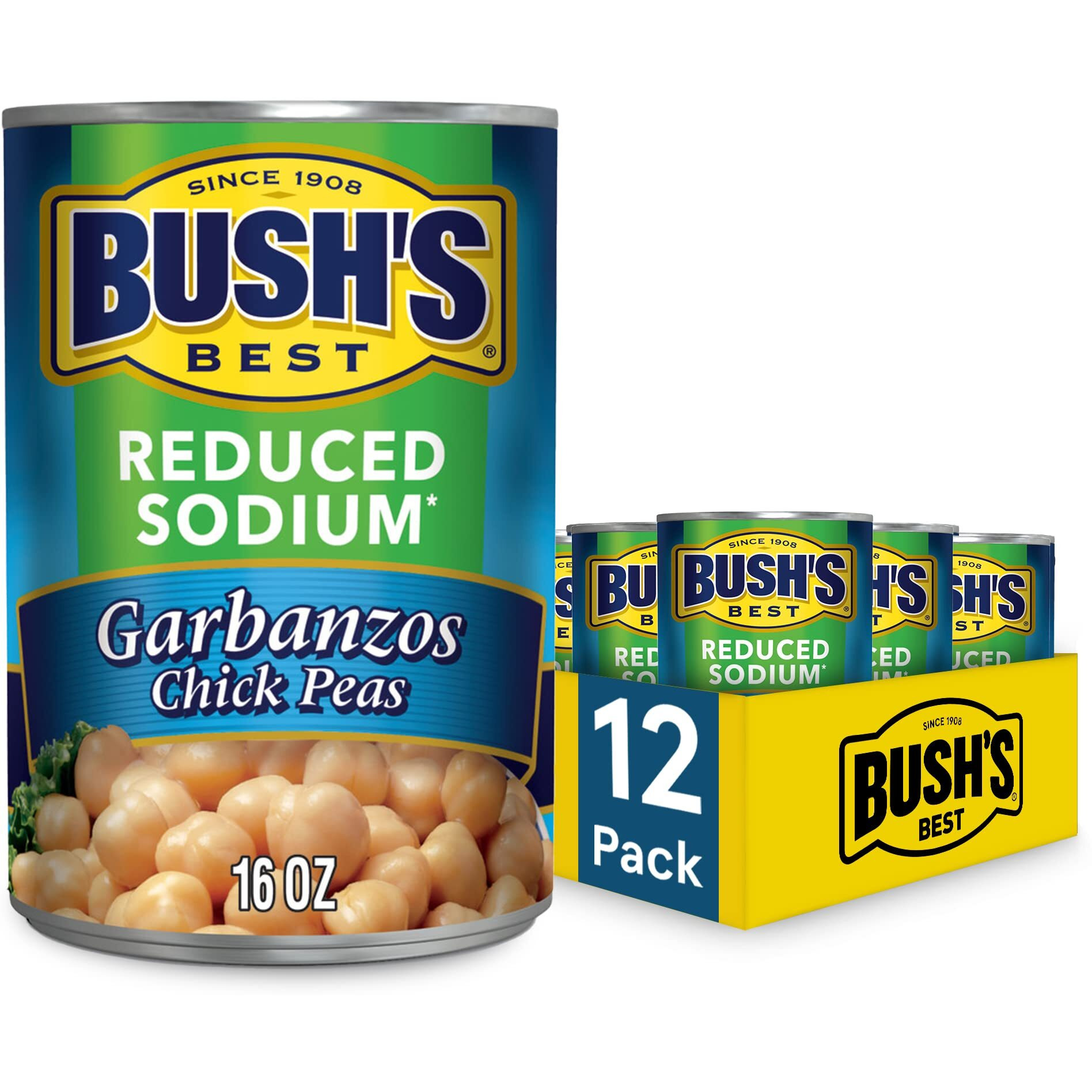 Bush's Best 16 Oz Reduced Sodium Garbanzo Beans, Source Of Plant Based Protein And Fiber, Low Fat, Gluten Free, (Pack Of 12)