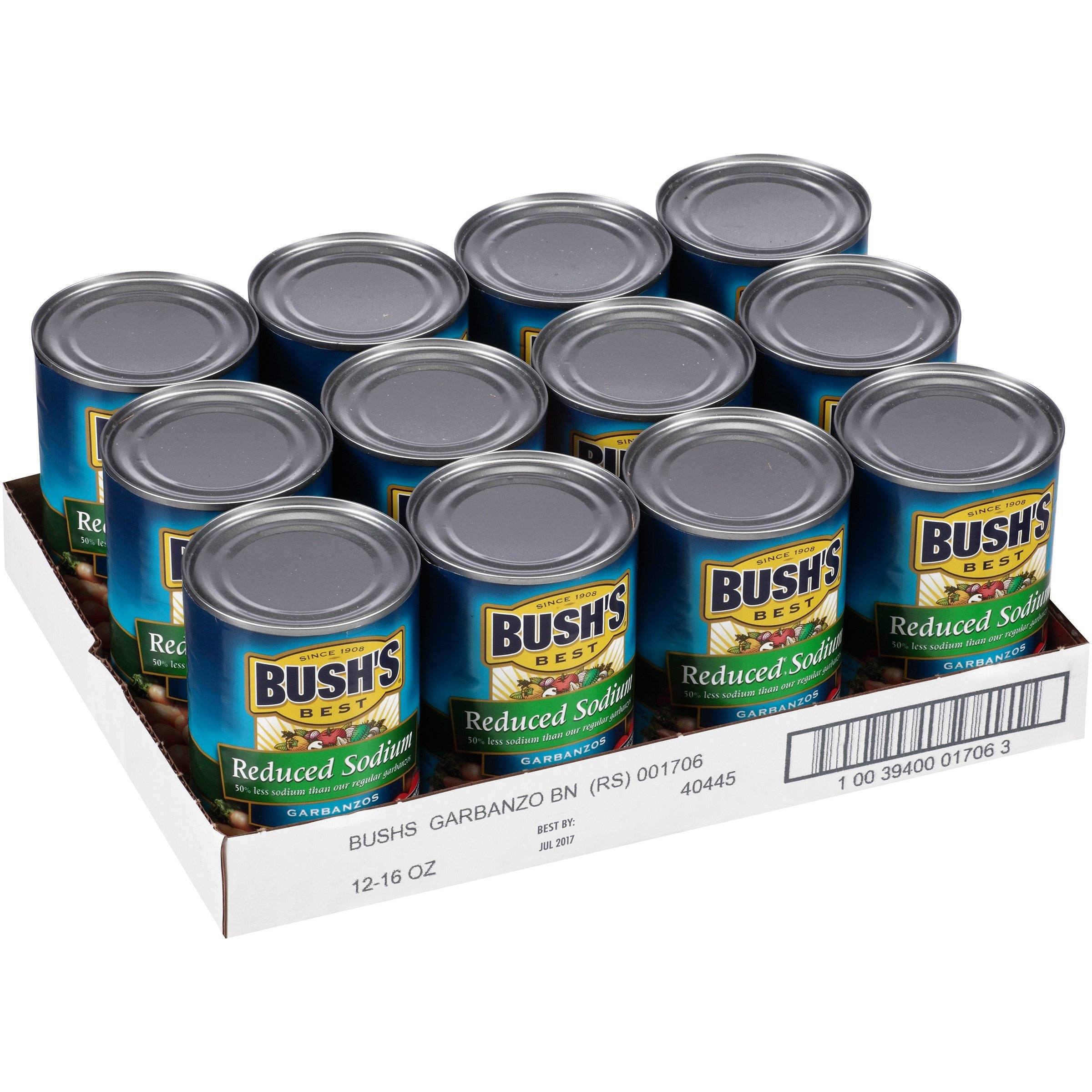 Bush's Best 16 Oz Reduced Sodium Garbanzo Beans, Source Of Plant Based Protein And Fiber, Low Fat, Gluten Free, (Pack Of 12)