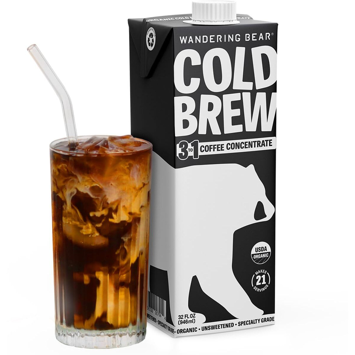Wandering Bear Organic Coffee Concentrate, Black Coffee, Makes 21 Servings, 32 Fl Oz, 1 Pack - Unsweetened, Specialty Grade, Shelf-Stable - Great For Making Cold Brew Coffee, Iced Coffee, Cold Brewed Coffee, Cold Coffee