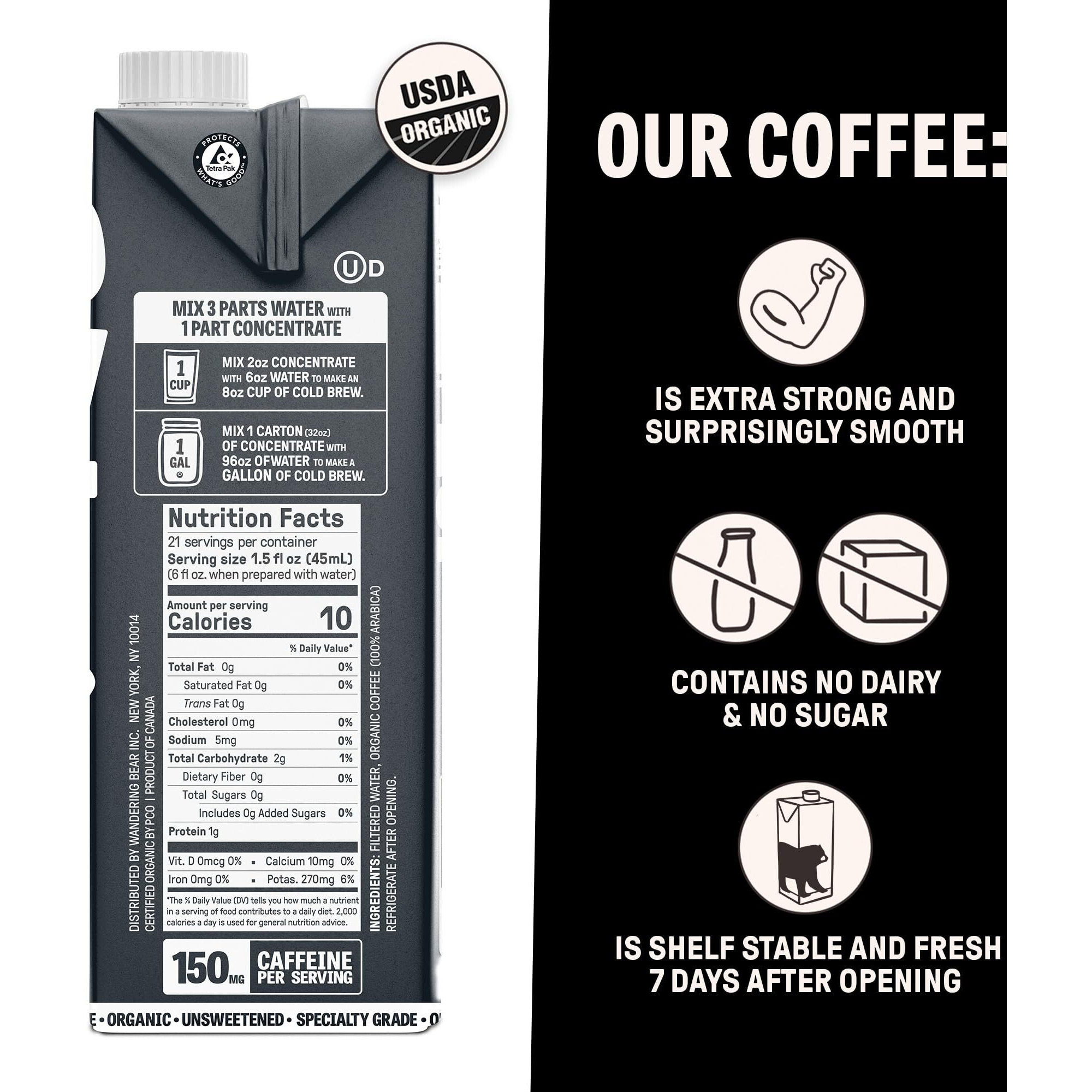 Wandering Bear Organic Coffee Concentrate, Black Coffee, Makes 21 Servings, 32 Fl Oz, 1 Pack - Unsweetened, Specialty Grade, Shelf-Stable - Great For Making Cold Brew Coffee, Iced Coffee, Cold Brewed Coffee, Cold Coffee