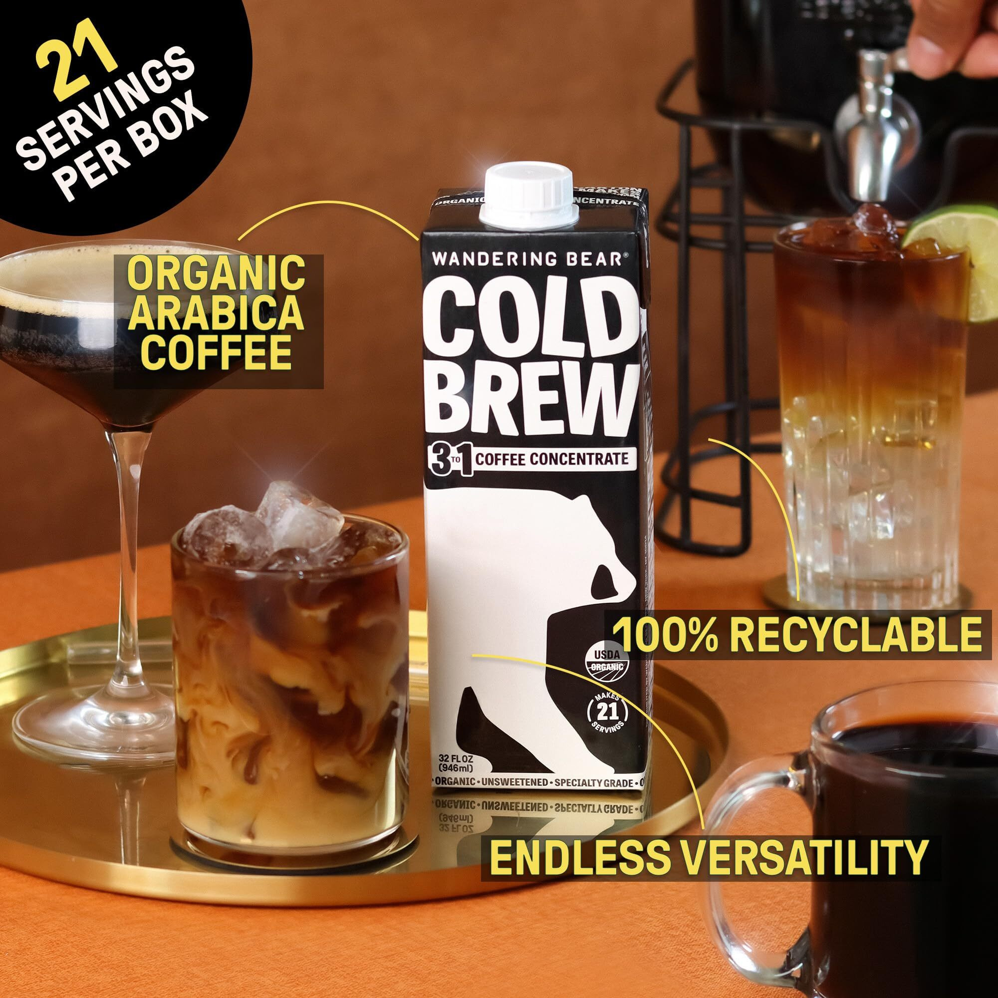 Wandering Bear Organic Coffee Concentrate, Black Coffee, Makes 21 Servings, 32 Fl Oz, 1 Pack - Unsweetened, Specialty Grade, Shelf-Stable - Great For Making Cold Brew Coffee, Iced Coffee, Cold Brewed Coffee, Cold Coffee