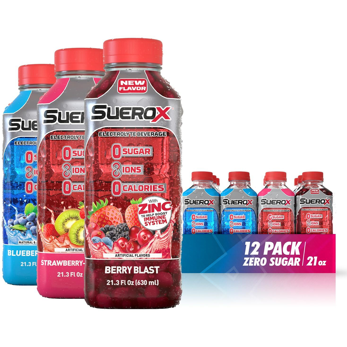 Suerox Zero Sugar Electrolyte Drink For Hydration And Recovery, Unique Blend Of Electrolytes & 8 Ions, Zero Calorie Sports Drink, 21.3 Fl Oz, Berry Blend Pack, 12 Count