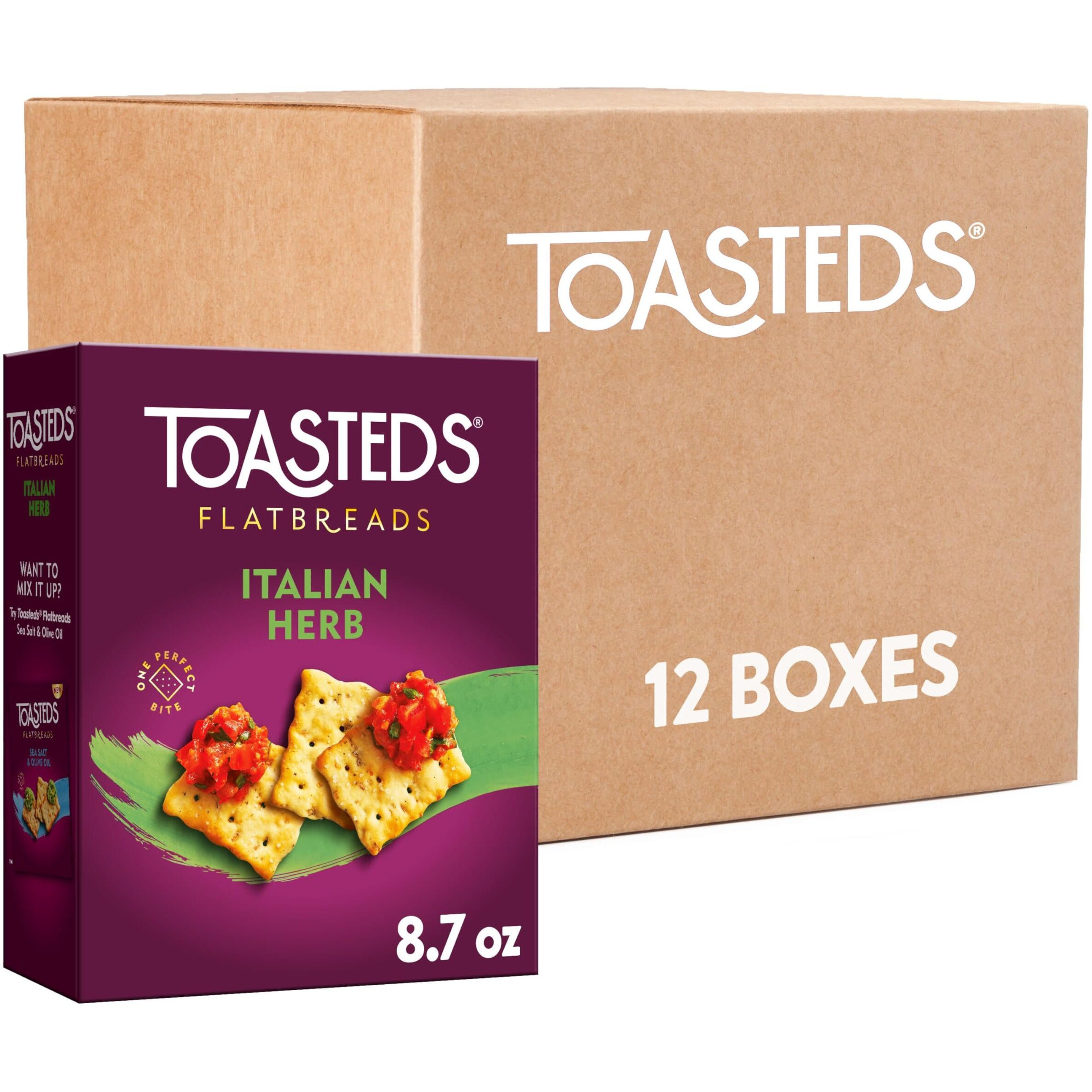 Toasteds Flatbreads Crackers, Party Snacks, Lunch Snacks, Italian Herb (10 Boxes)
