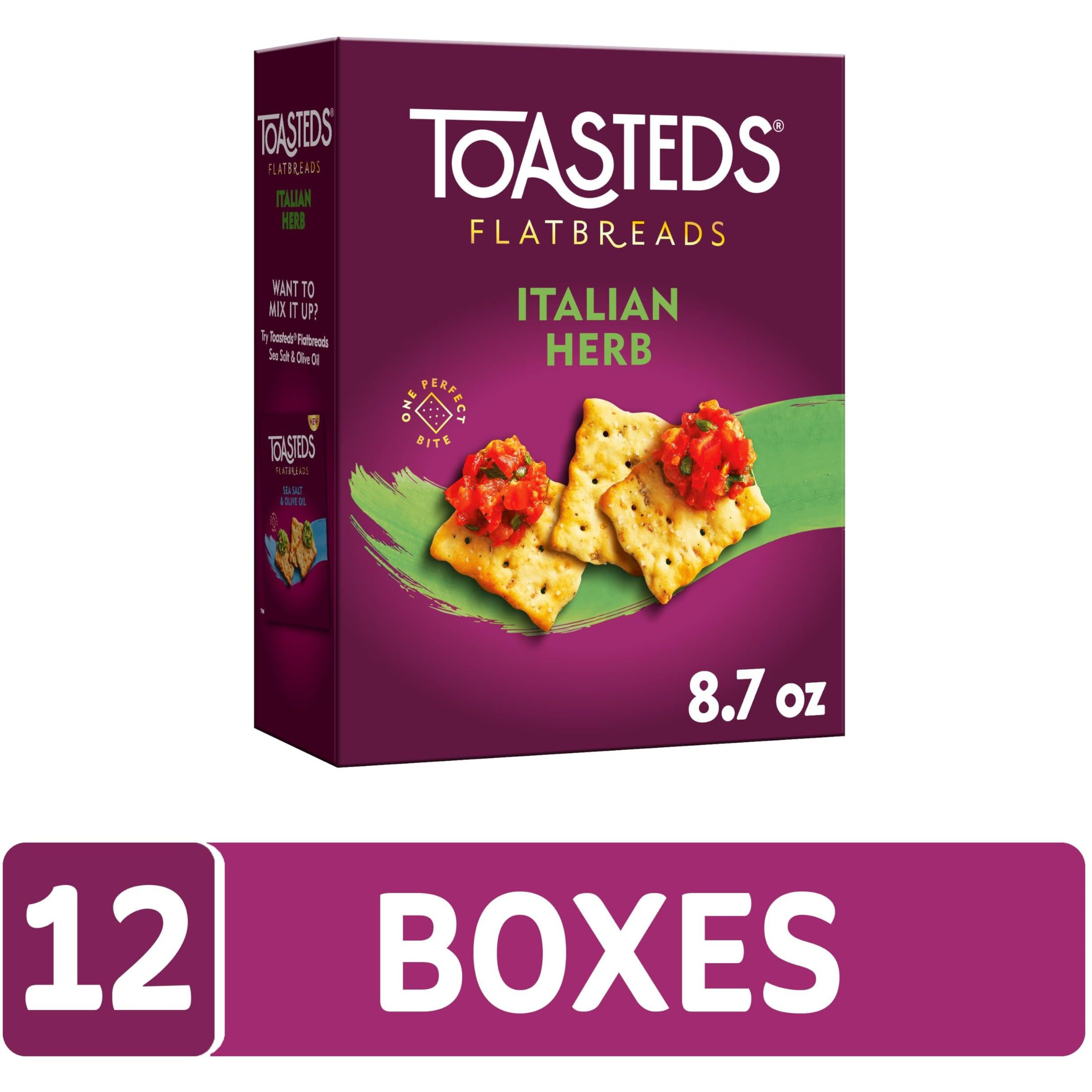 Toasteds Flatbreads Crackers, Party Snacks, Lunch Snacks, Italian Herb (10 Boxes)