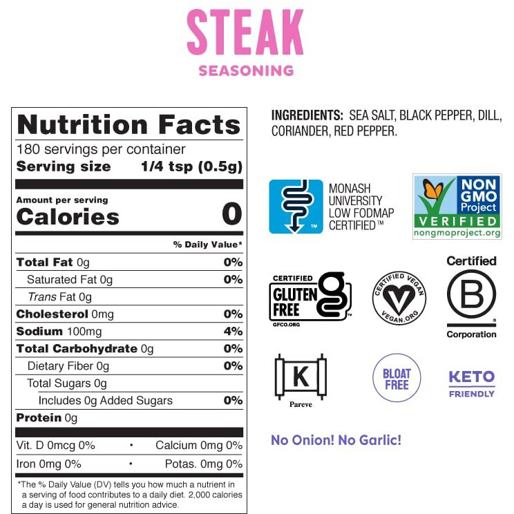 Fody Foods Vegan Steak Spice Blend, Flavorful Grilling Seasoning, Low Fodmap Certified, Sensitive Recipe, Gut & Ibs Friendly, 3.2 Ounce