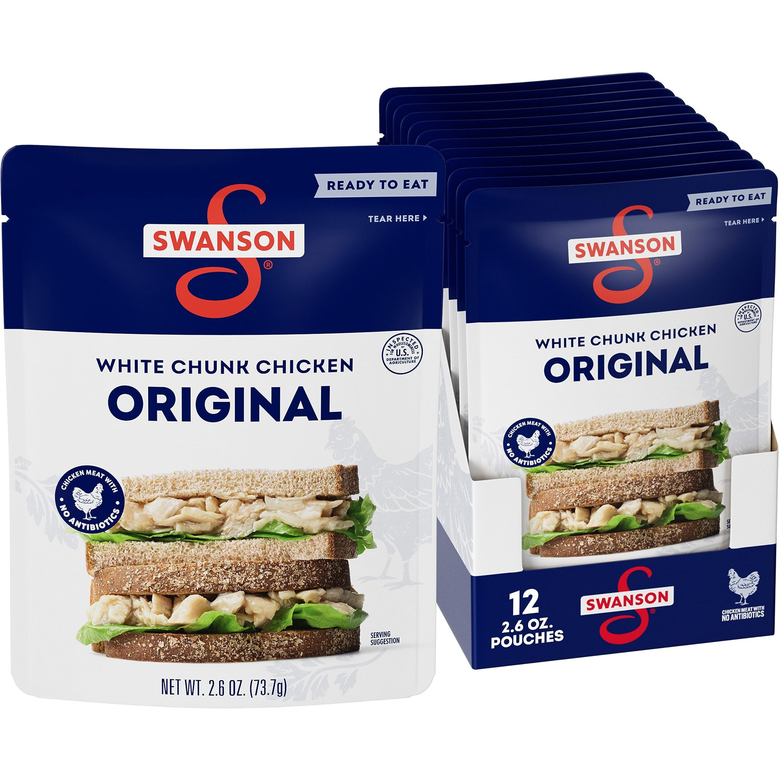 Swanson Original White Chunk Fully Cooked Chicken, Ready To Eat, Simple On-The-Go Meals, 2.6 Oz Pouch (Case Of 12)