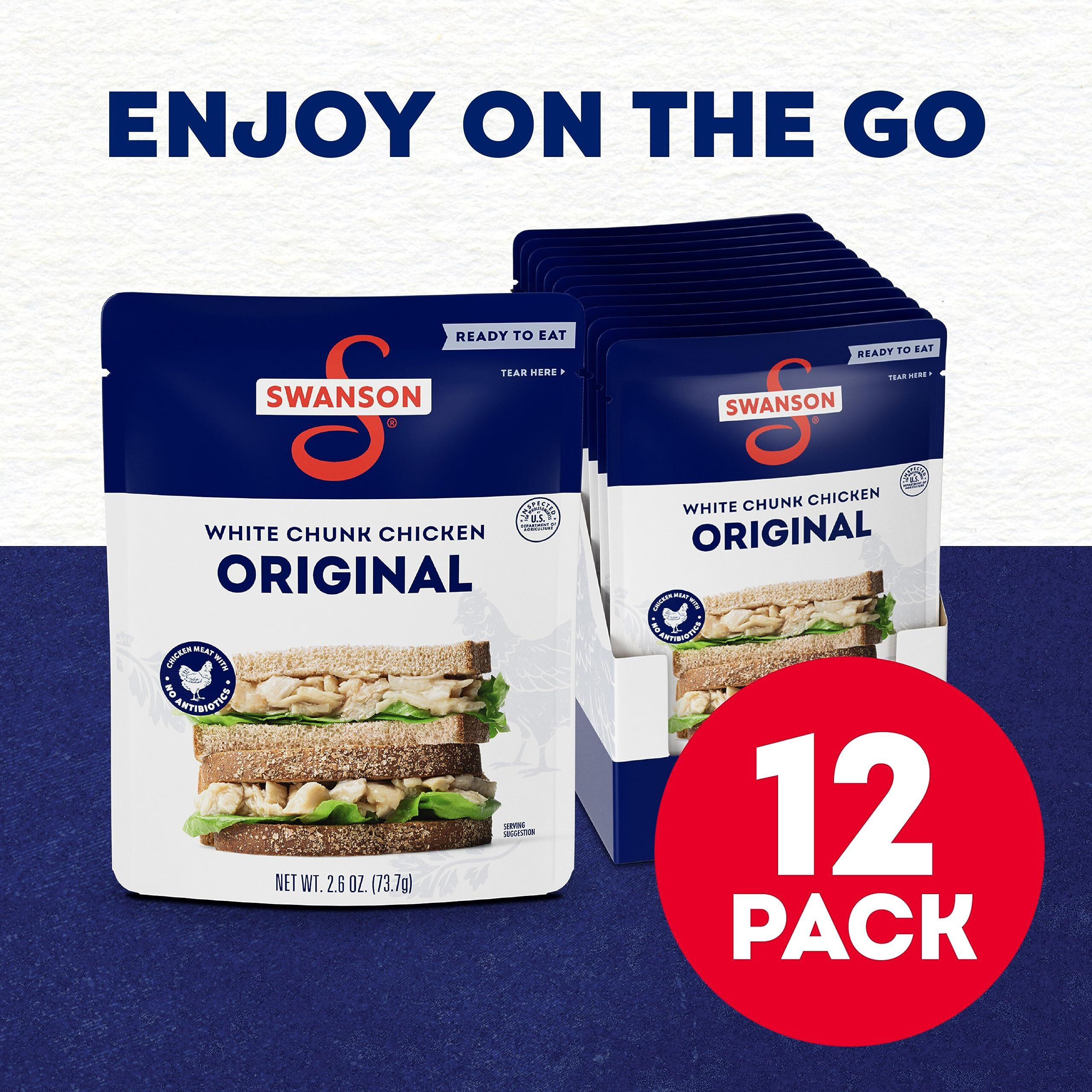 Swanson Original White Chunk Fully Cooked Chicken, Ready To Eat, Simple On-The-Go Meals, 2.6 Oz Pouch (Case Of 12)