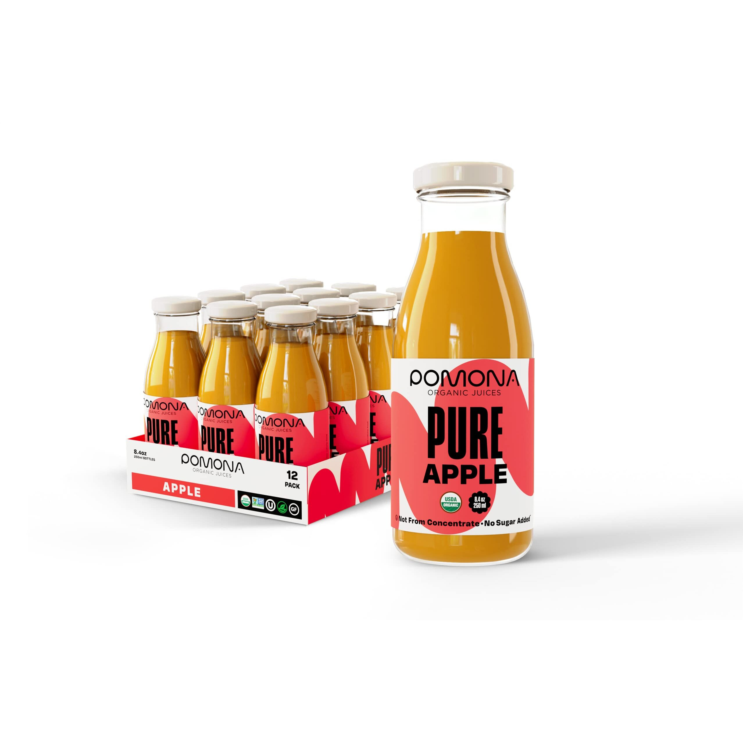 Pomona Organic Apple Juice (Pack Of 12), Cold Pressed Usda Organic Juices, Apples And Lemon Juice, No Added Sugar, Not From Concentrate, Vegan, Kosher, Non Gmo, Pasteurized, 8.4 Oz Glass Bottles