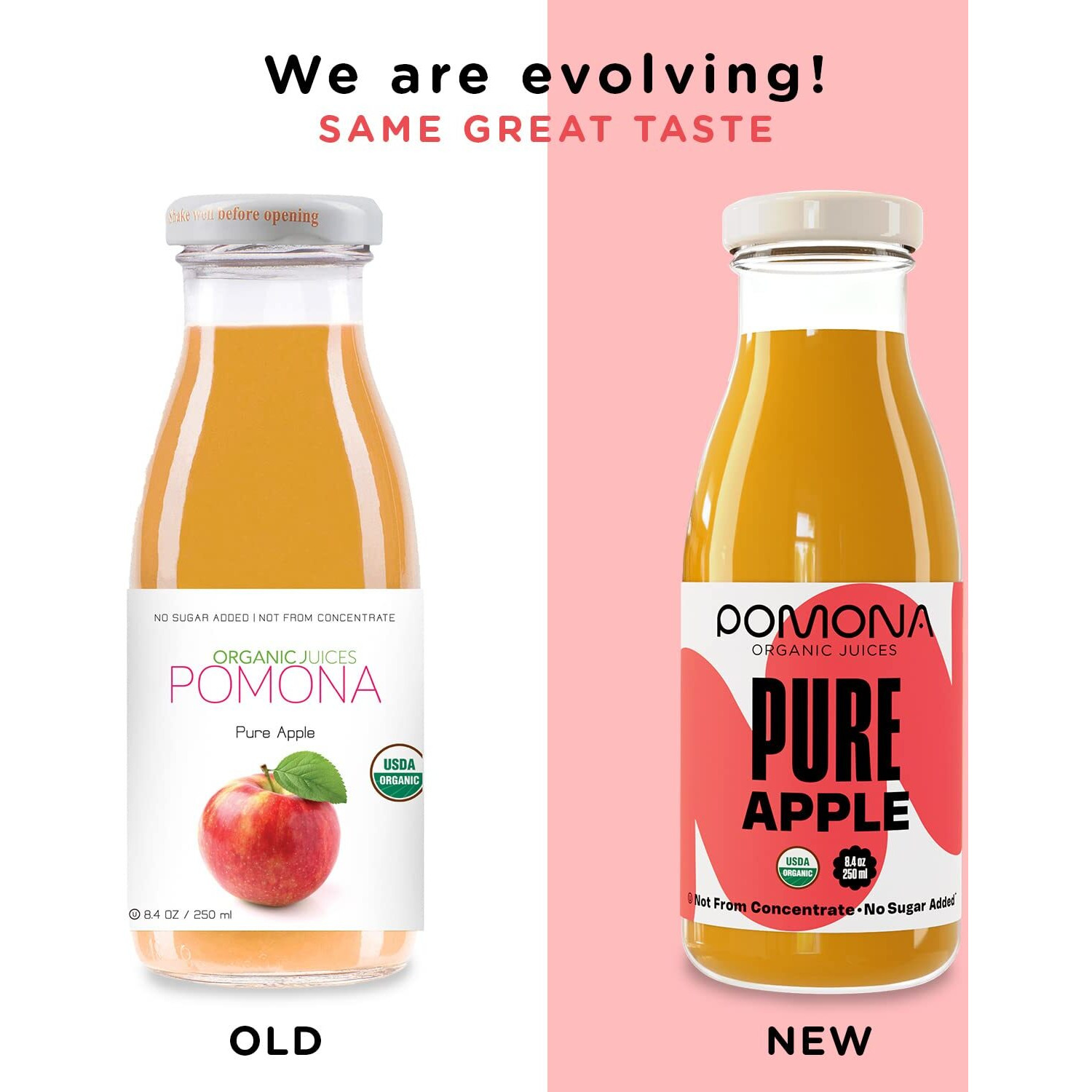 Pomona Organic Apple Juice (Pack Of 12), Cold Pressed Usda Organic Juices, Apples And Lemon Juice, No Added Sugar, Not From Concentrate, Vegan, Kosher, Non Gmo, Pasteurized, 8.4 Oz Glass Bottles