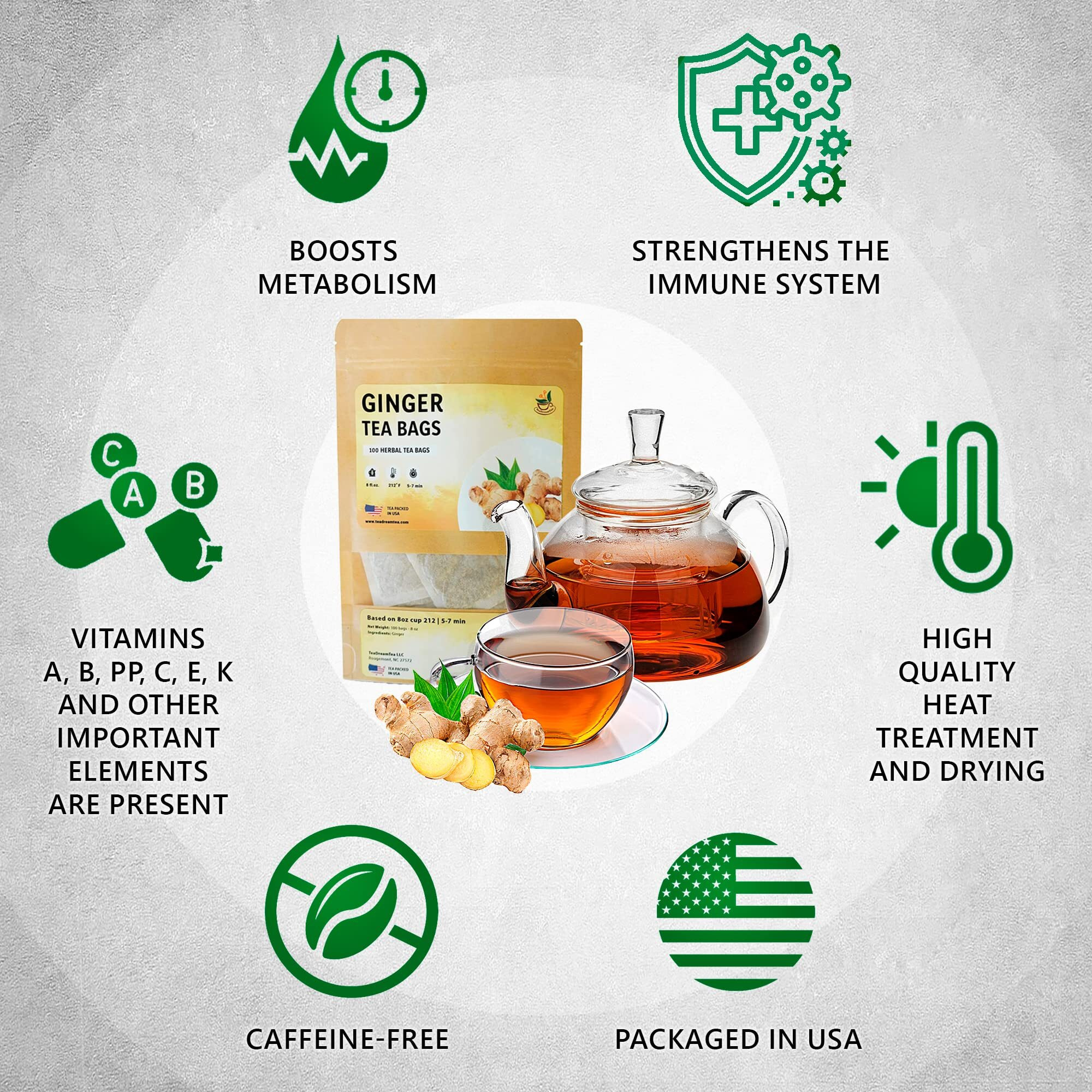 Teadreamtea Ginger Tea Bags - 100 Bleach-Free Tea Bags | Caffeine Free, Antioxidant, Calms Upset Stomach - Strengthen Immune System - Herbal Ginger Tea