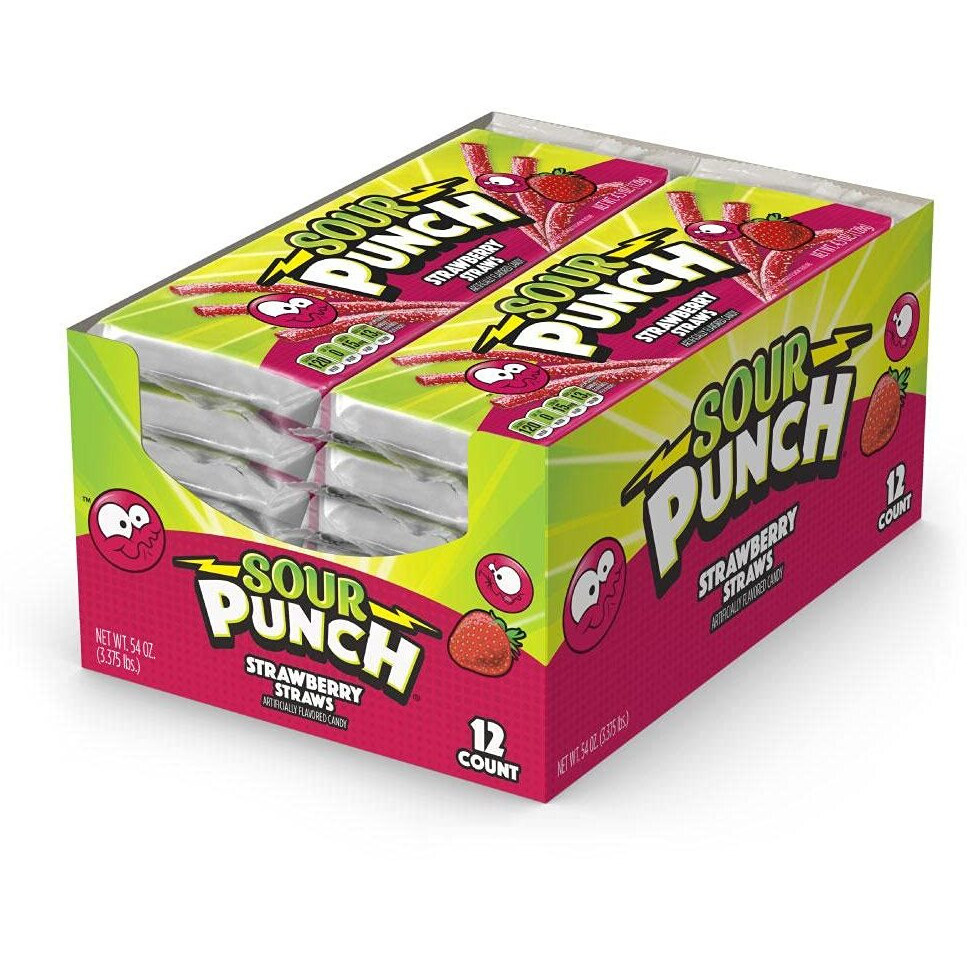 Sour Punch Straws, Sweet & Sour Strawberry Fruit Flavor, Chewy Candy, 4.5Oz Tray (12 Pack)