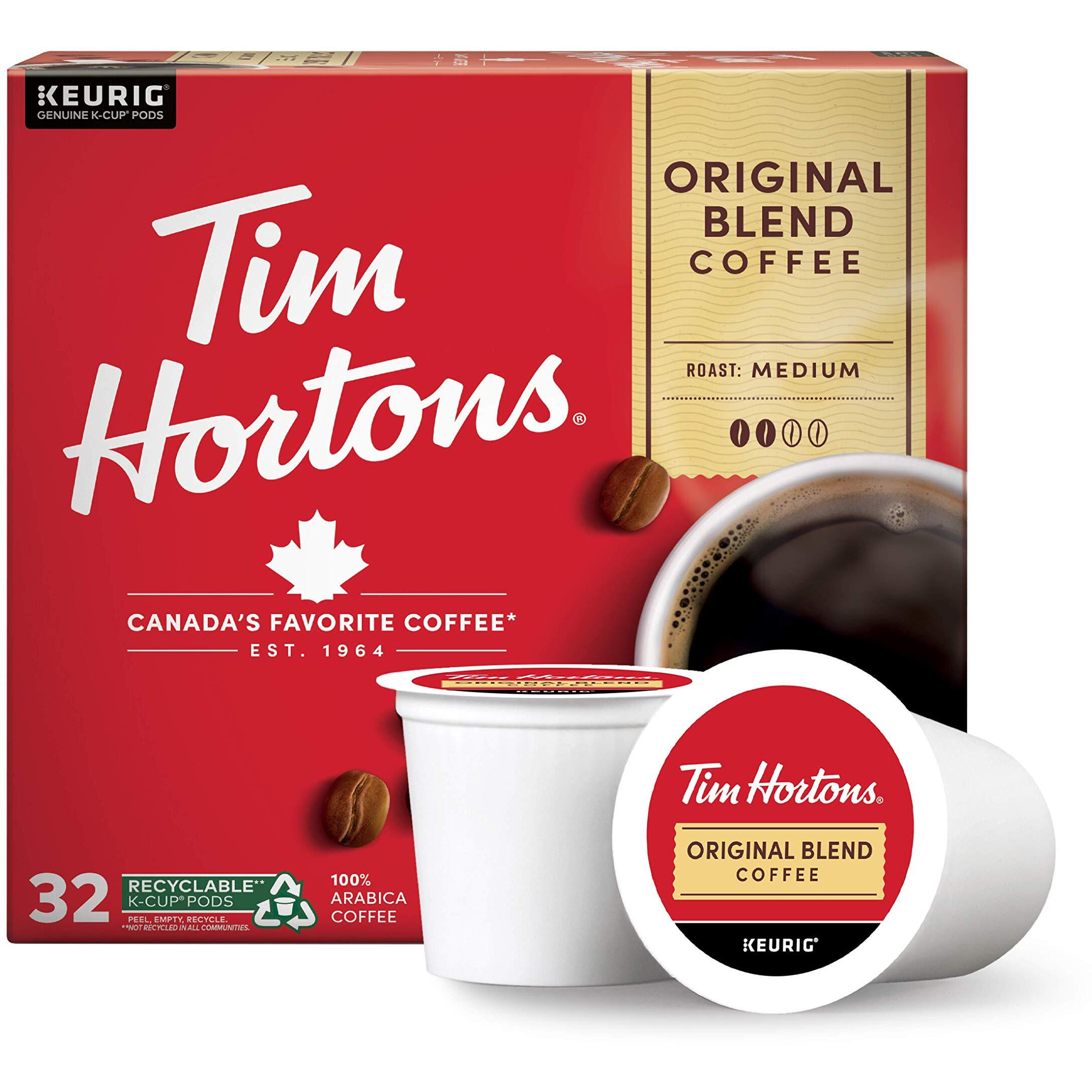 Tim Hortons Original Blend, Medium Roast Coffee, Single-Serve K-Cup Pods Compatible With Keurig Brewers, 32Ct K-Cups,Red