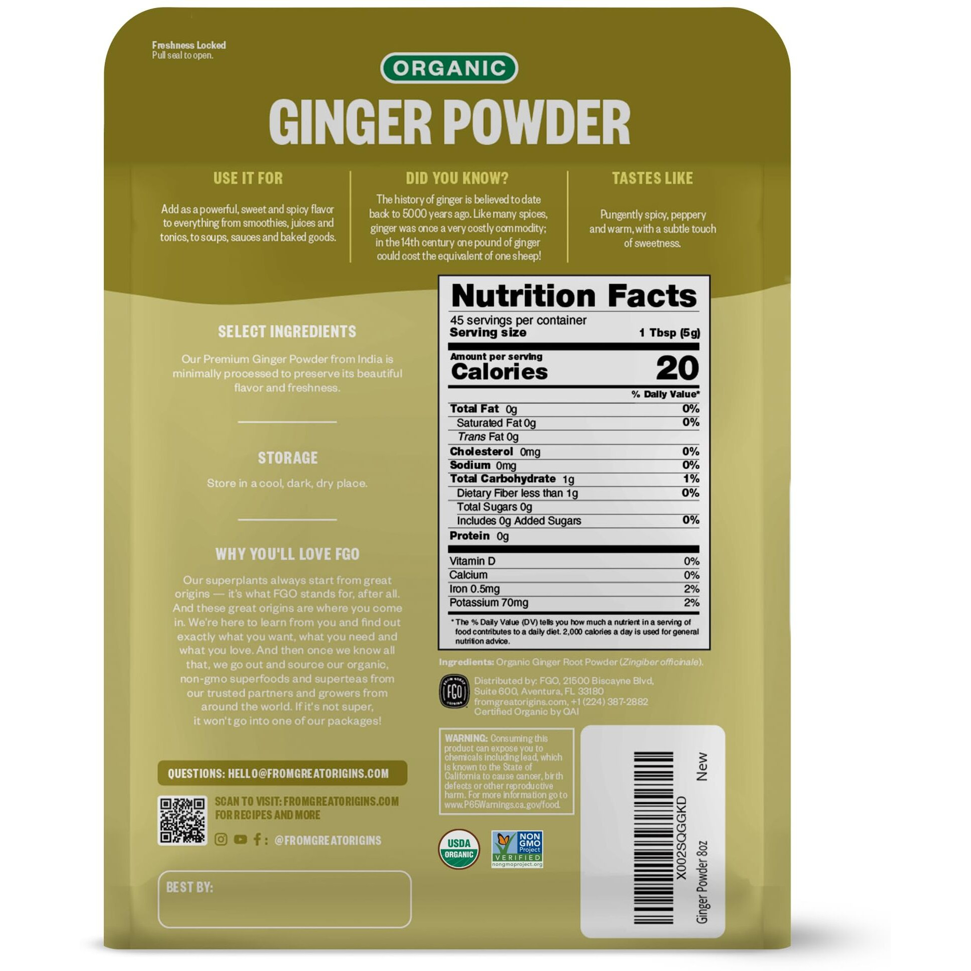 Fgo Organic Ginger Powder, Imported From India, 8Oz, Packaging May Vary (Pack Of 1)