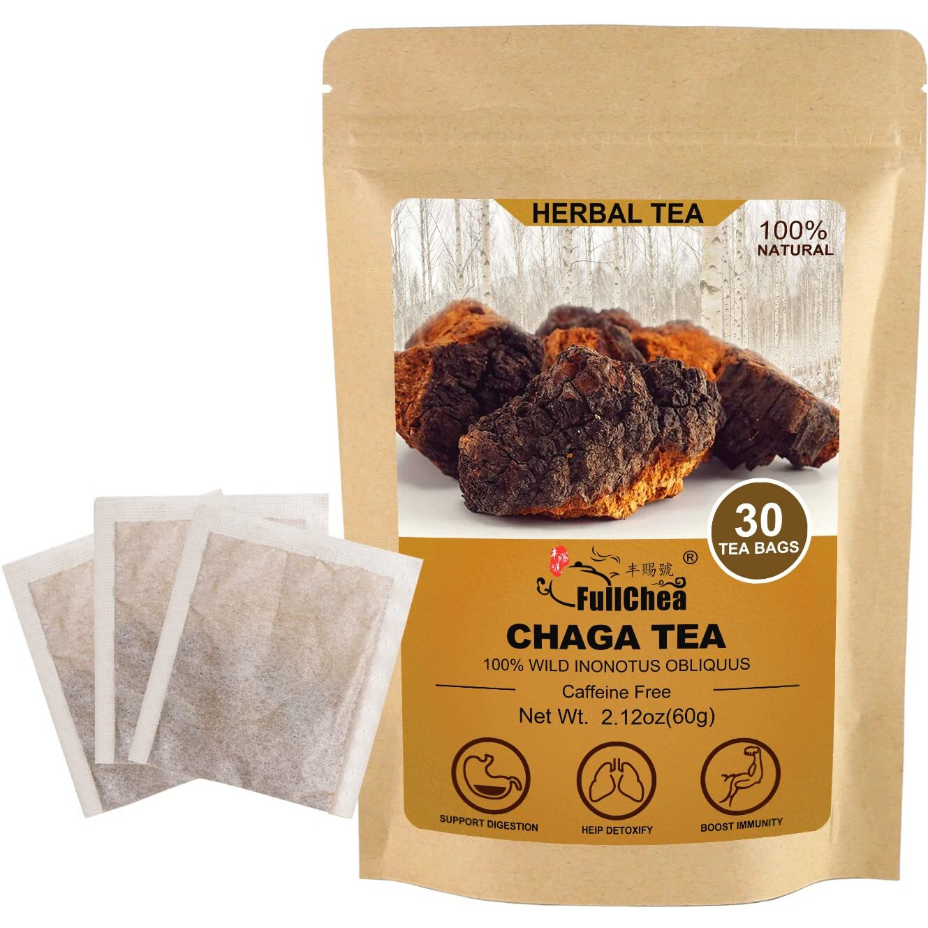 Fullchea - Chaga Tea Bags, 30 Teabags, 2G/Bag - Premium Chaga Mushroom Tea - Non-Gmo - Naturally Caffeine-Free Herbal Tea - Rich In Antioxidants & Aid In Digestion
