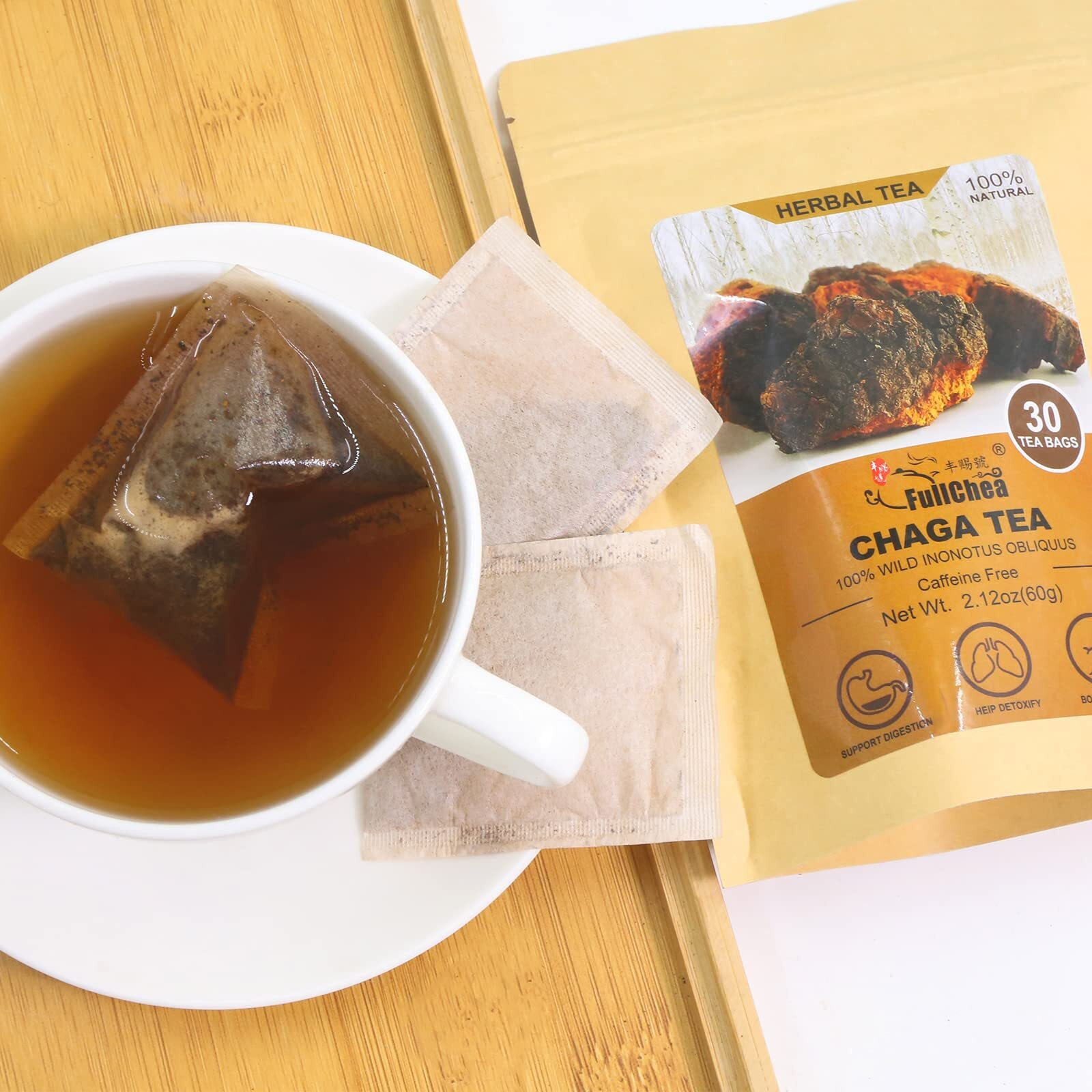 Fullchea - Chaga Tea Bags, 30 Teabags, 2G/Bag - Premium Chaga Mushroom Tea - Non-Gmo - Naturally Caffeine-Free Herbal Tea - Rich In Antioxidants & Aid In Digestion
