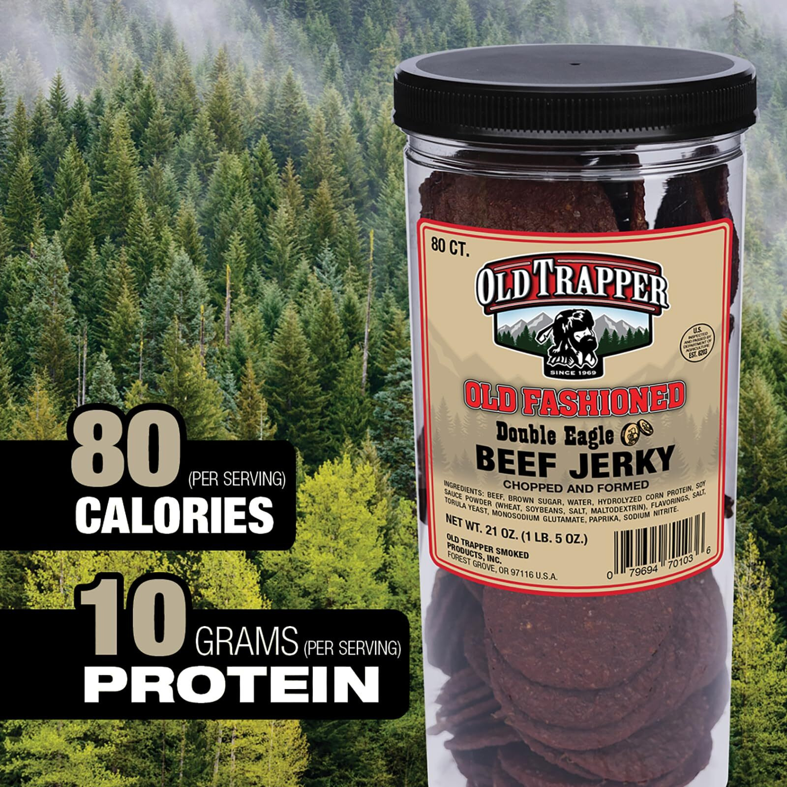Old Trapper Double Eagle Beef Jerky, Old-Fashioned Flavor, 21Oz. 80-Piece Jar, Natural Wood Smoked Meat Snacks, 10 Grams Of Protein And 80 Calories Per Serving (Pack Of One)
