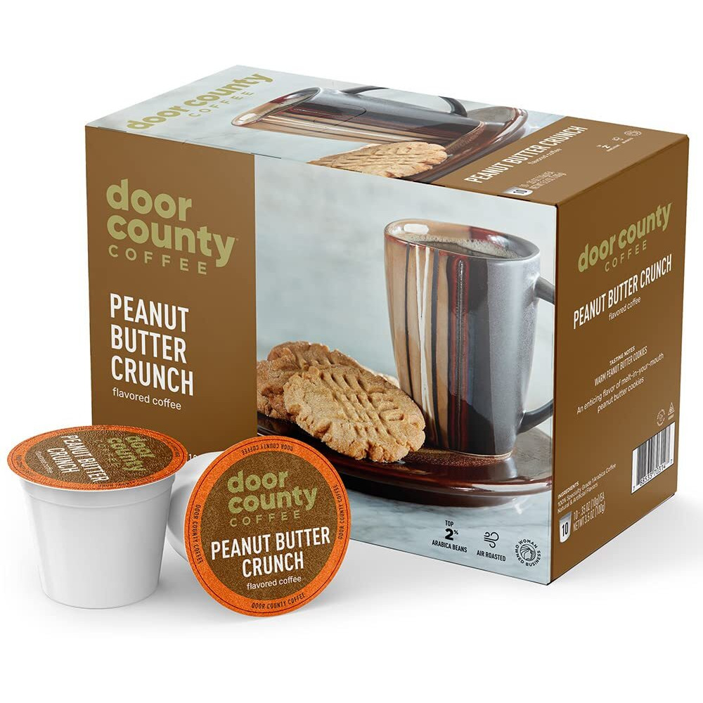 Door County Coffee Peanut Butter Crunch Flavored Coffee Ground | 10 Count Single Serve Cups | Medium Roast | 100% Specialty Arabica Coffee | Flavored Gourmet Coffee | Peanut Butter Flavored Coffee