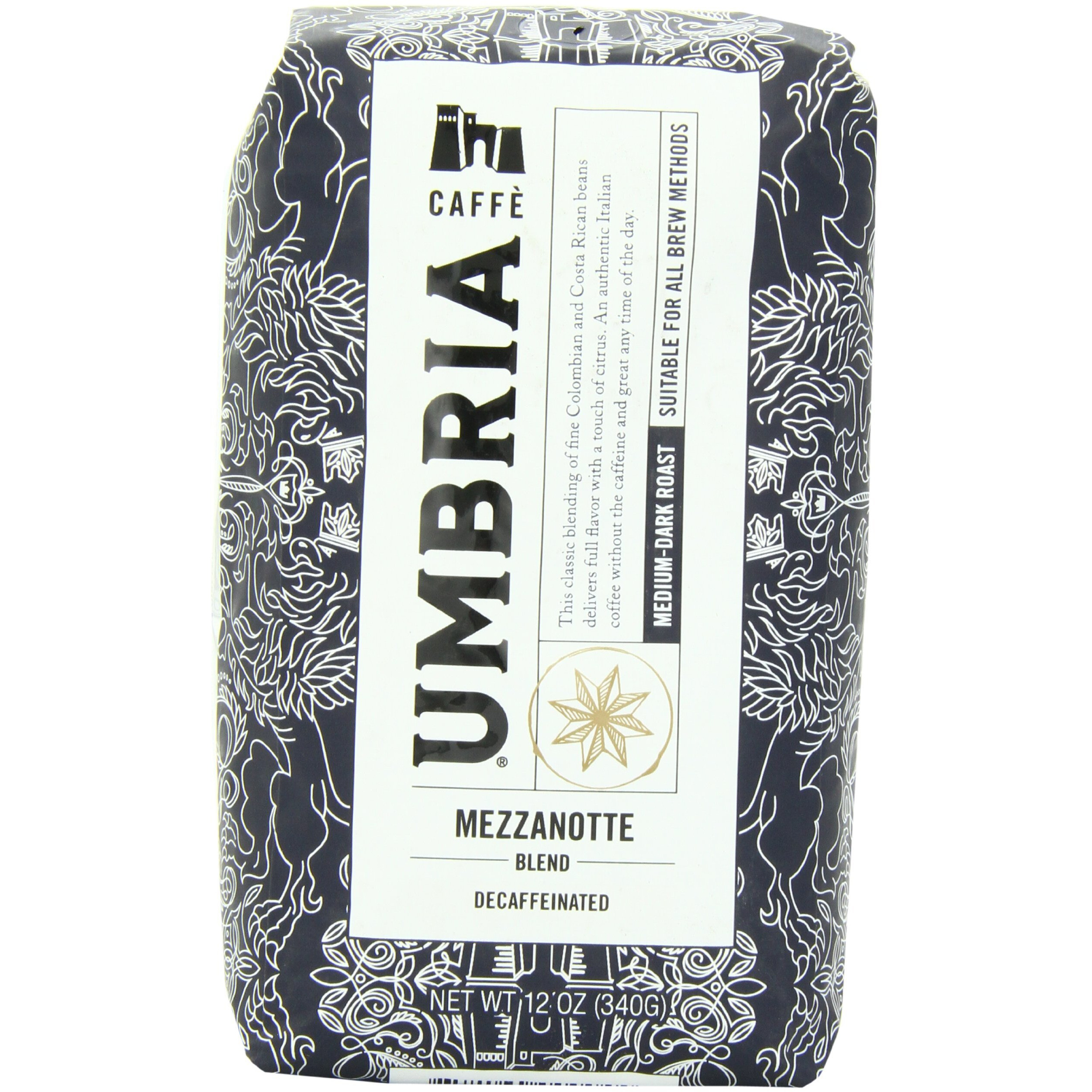 Caffe Umbria Fresh Seattle Whole Bean Roasted Coffee, Mezzanotte Decaf Blend, 12 Oz. Bag