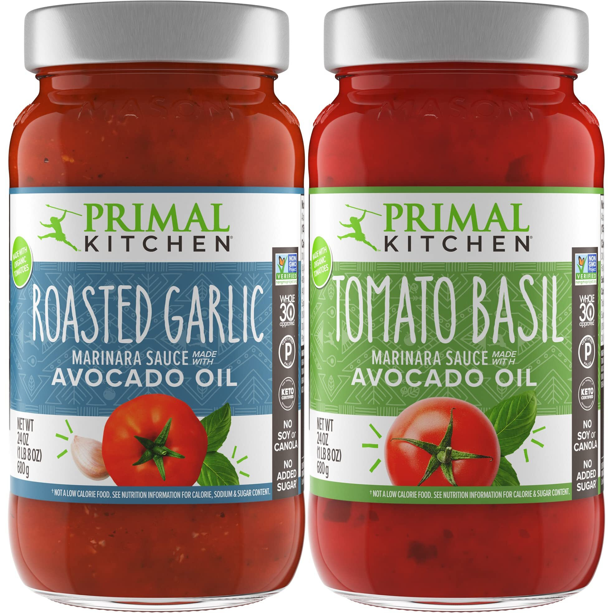Primal Kitchen Tomato Pasta Sauce 2-Pack, No Added Sugar, Includes 1 Tomato Basil And 1 Roasted Garlic Marinara Sauce