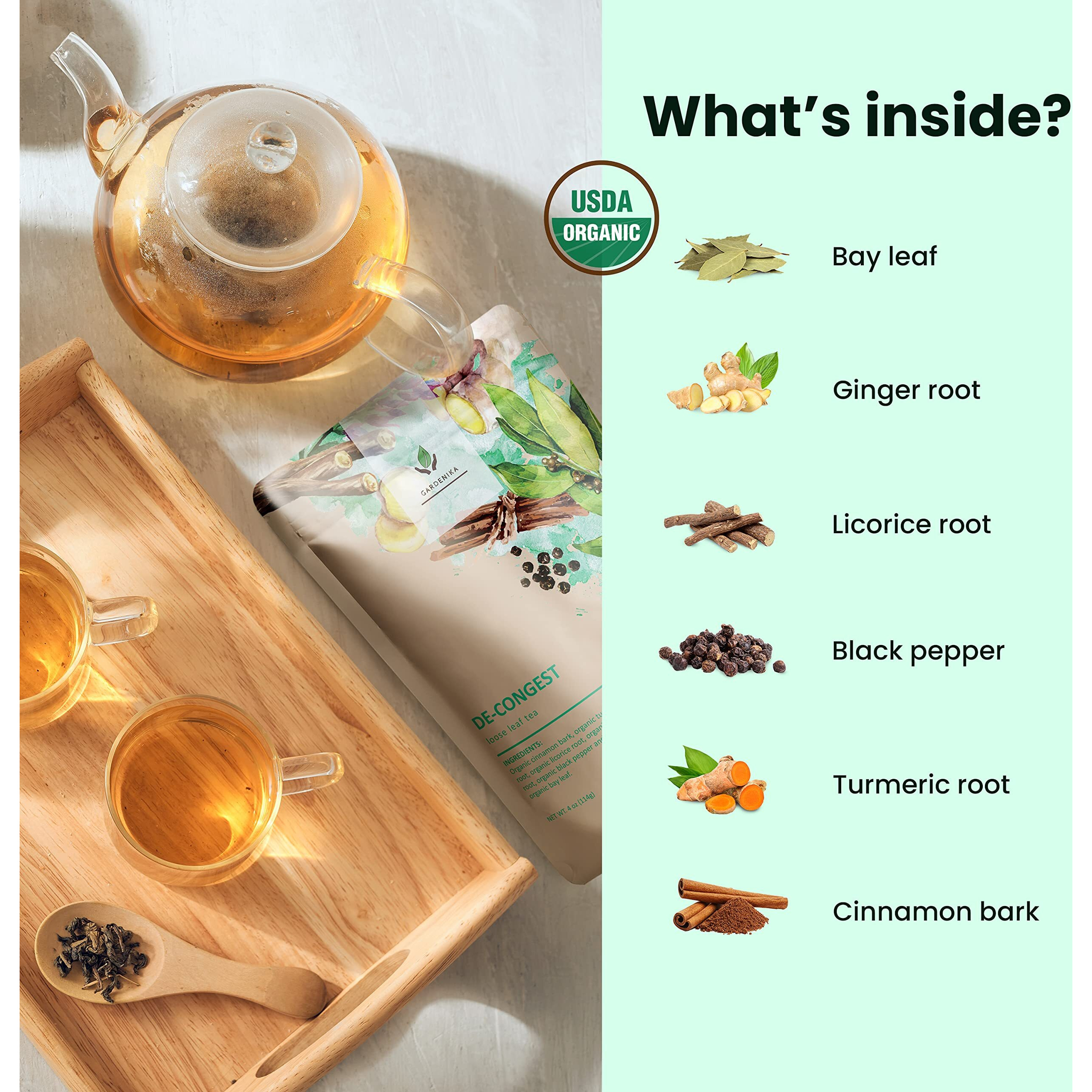 Gardenika Organic Decongest Loose Leaf Tea, Herbal, Caffeine-Free, Ksa Kosher, Ayurvedic Blend With Turmeric, Cinnamon, Liquorice, Ginger Root - 4Oz (1 Pack)