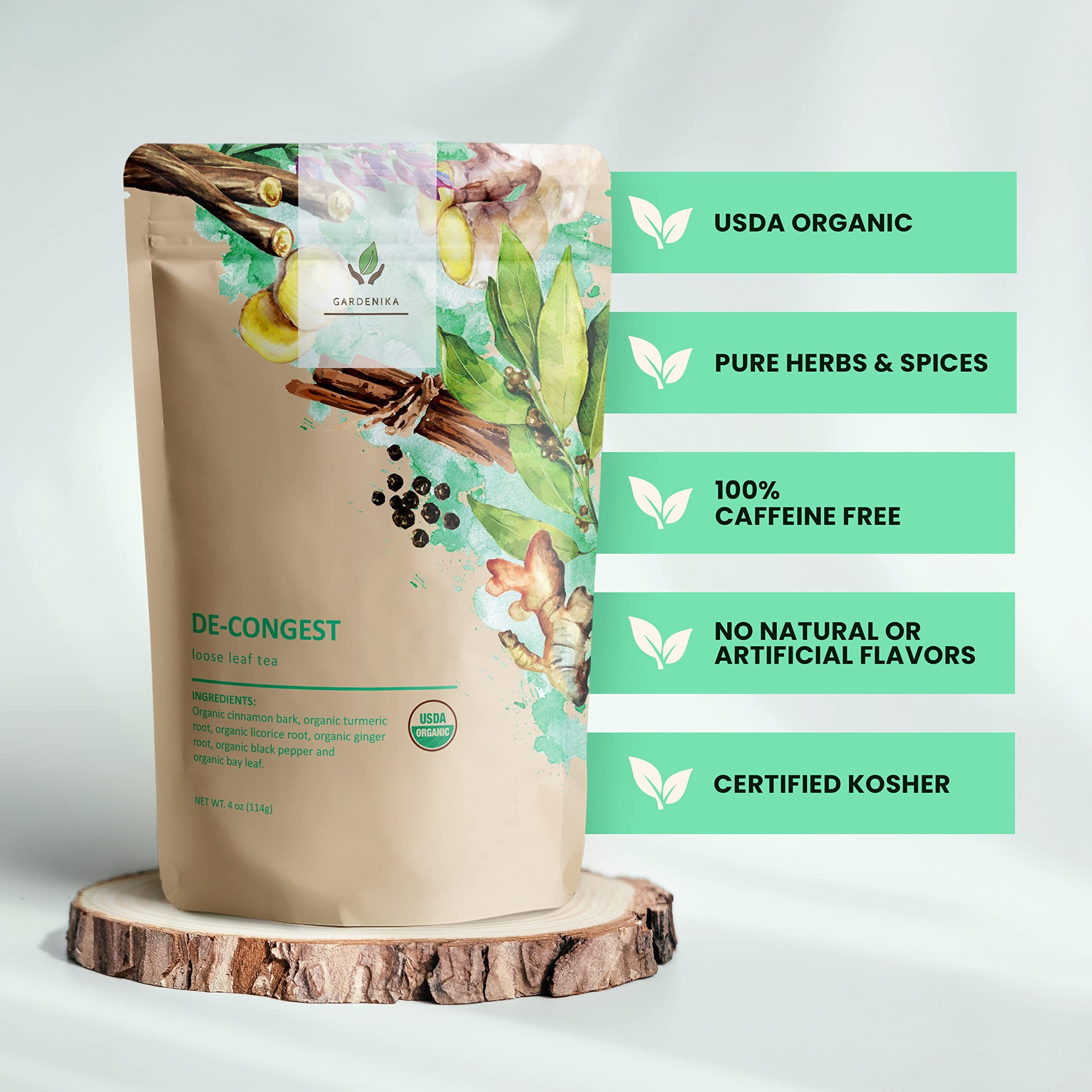 Gardenika Organic Decongest Loose Leaf Tea, Herbal, Caffeine-Free, Ksa Kosher, Ayurvedic Blend With Turmeric, Cinnamon, Liquorice, Ginger Root - 4Oz (1 Pack)