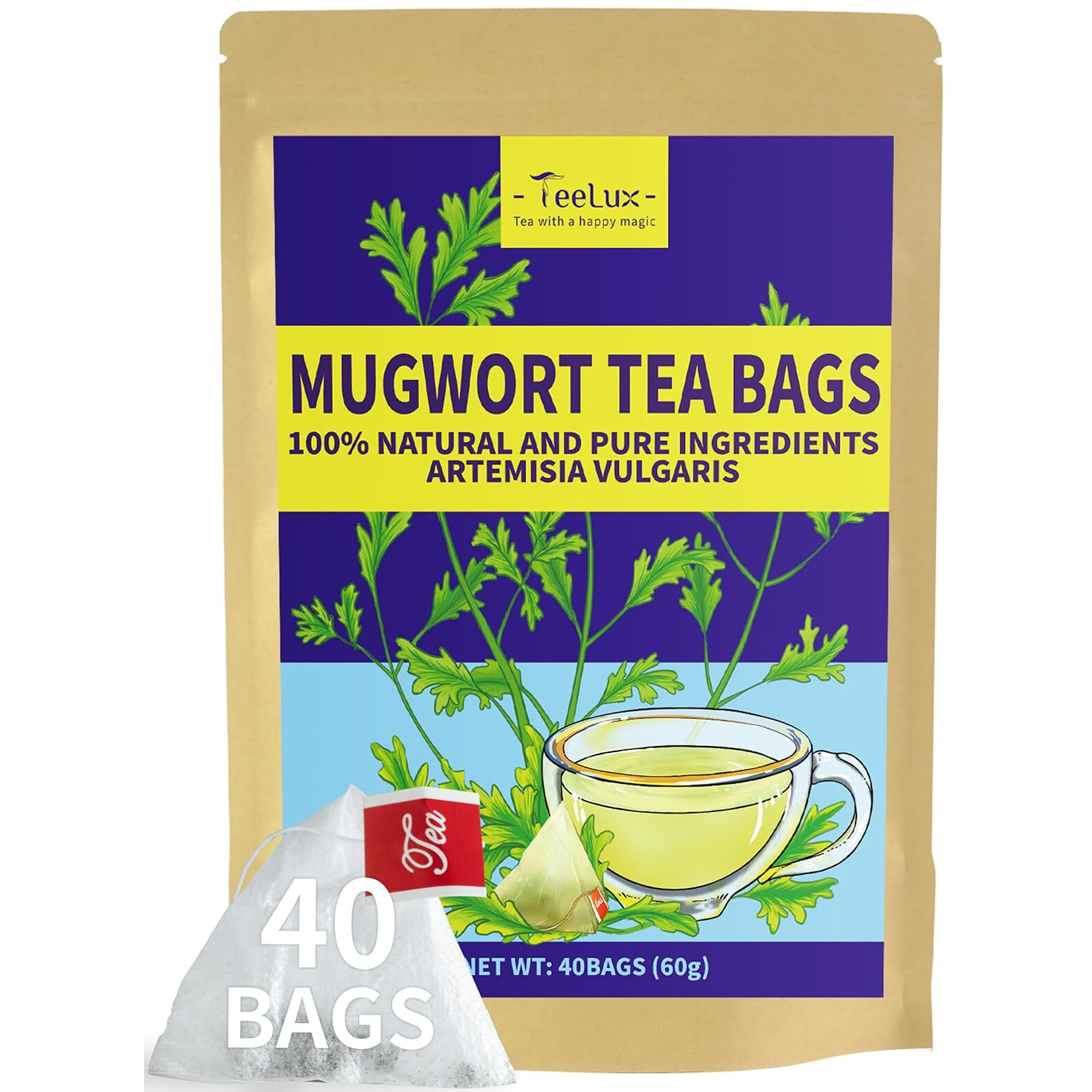 Teelux Mugwort Tea Bags, Natural Mugwort Leaves, Caffeine Free, Dried Mugwort Herb Tea, 40 Tea Bags
