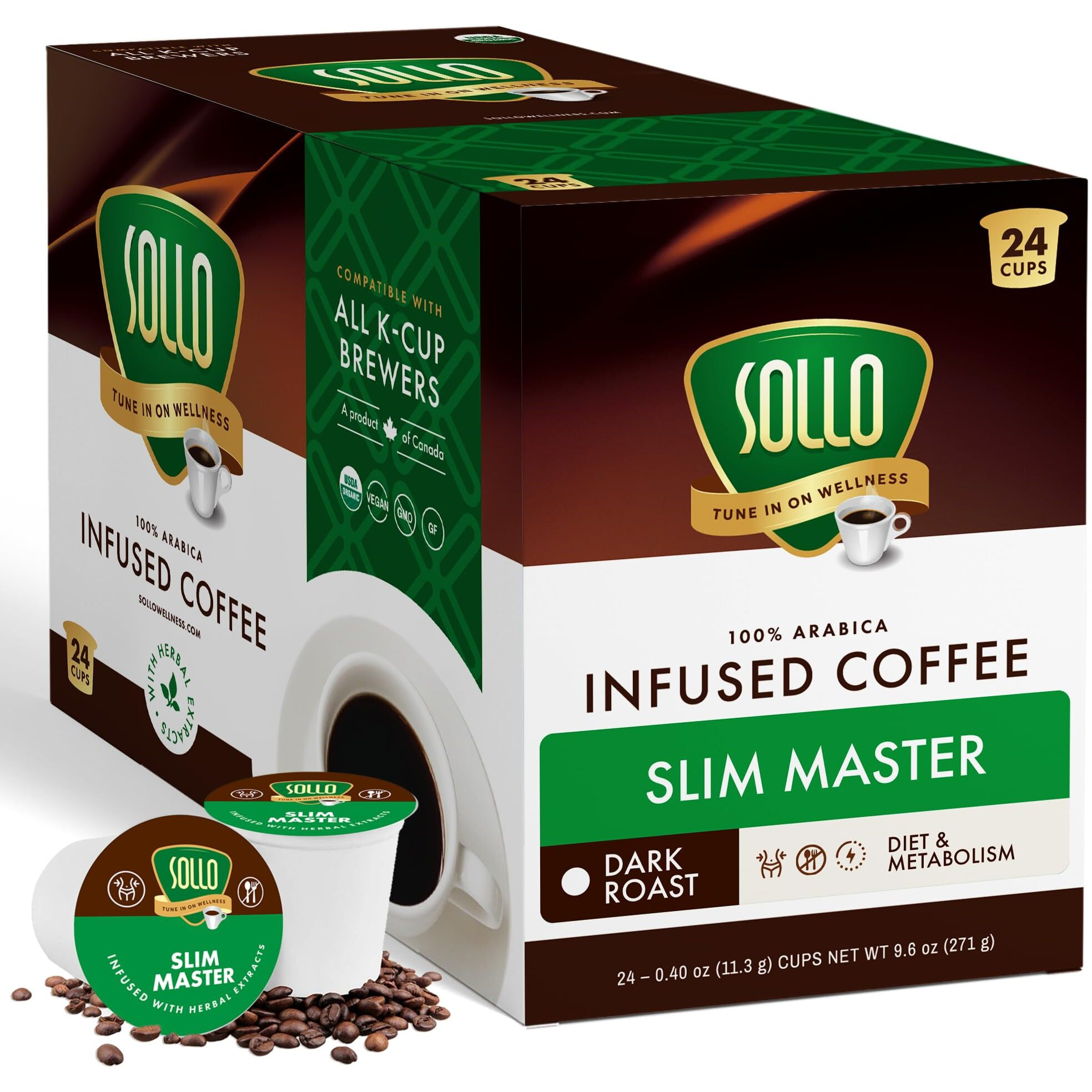 Sollo Slim Organic Coffee Pods, Diet Support, Weight Loss With Garcinia, Green Coffee Bean, Bold Dark Roast, Single Serve Pod, Compatible With Keurig K-Cup Brewers, 24 Ct