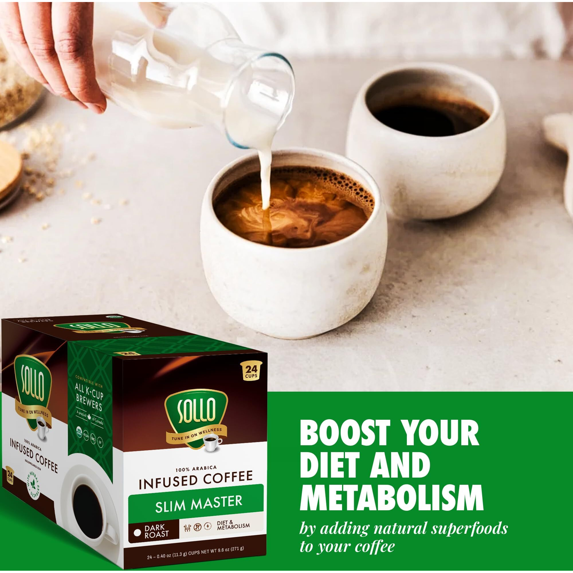 Sollo Slim Organic Coffee Pods, Diet Support, Weight Loss With Garcinia, Green Coffee Bean, Bold Dark Roast, Single Serve Pod, Compatible With Keurig K-Cup Brewers, 24 Ct