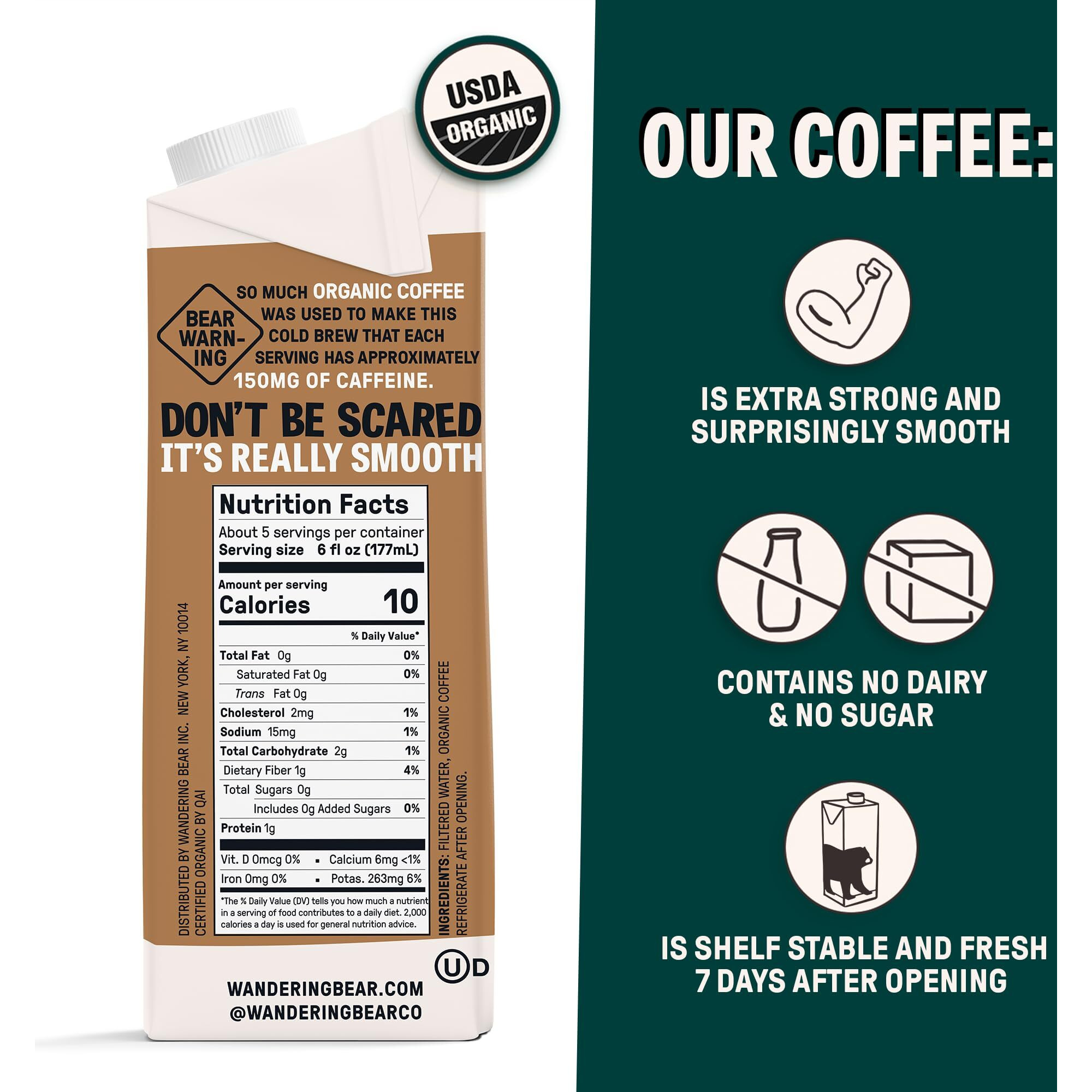 Wandering Bear Straight Black Organic Cold Brew Coffee, 32 Fl Oz, 3 Pack - Extra Strong, Smooth, Organic, Unsweetened, Shelf-Stable, And Ready To Drink Iced Coffee, Cold Brewed Coffee, Cold Coffee