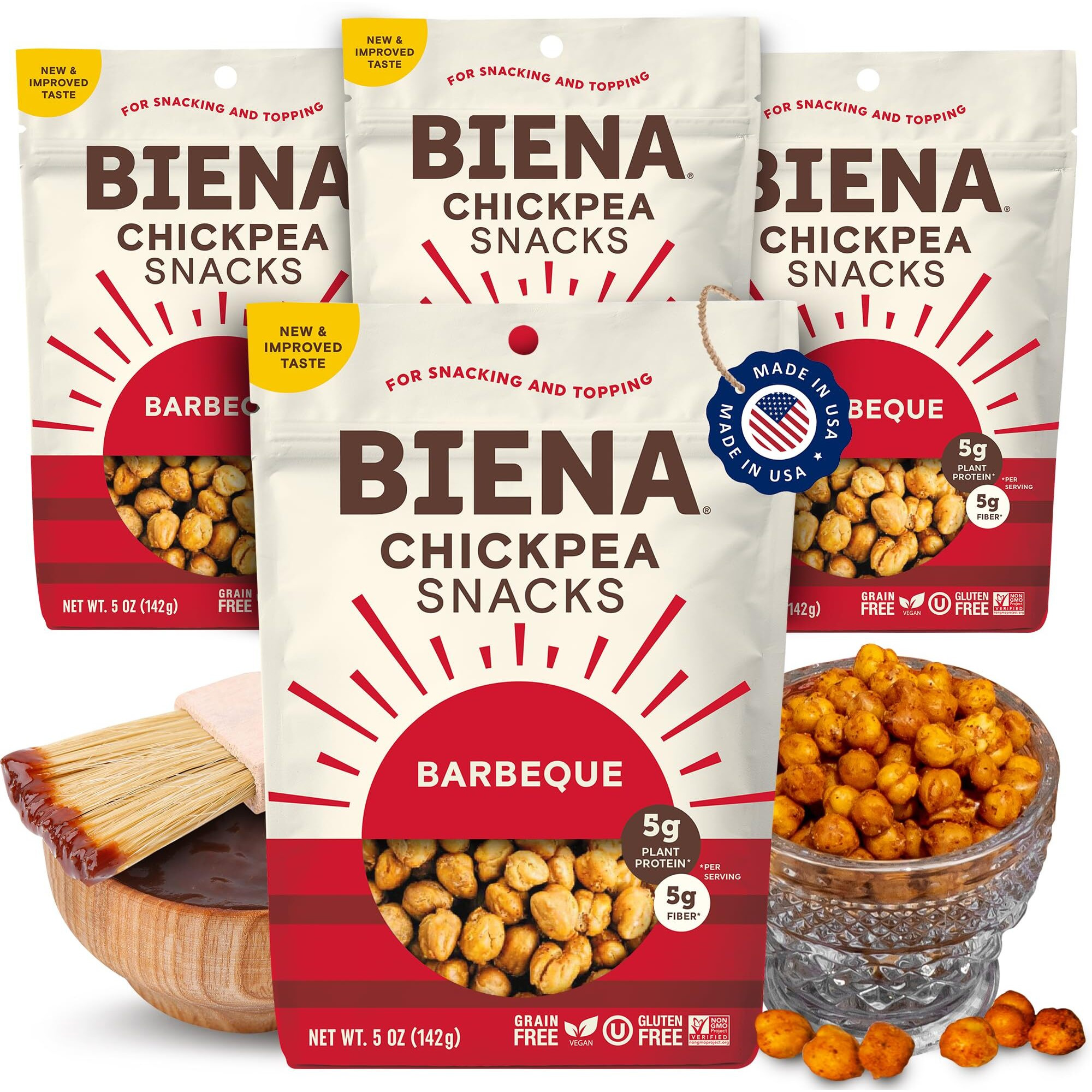 Biena Chickpea Snacks - Crunchy Roasted Chickpeas - High Fiber Vegan Protein Snacks For Adults And Kids - 4-Pack, 5 Ounce Bags - Barbecue