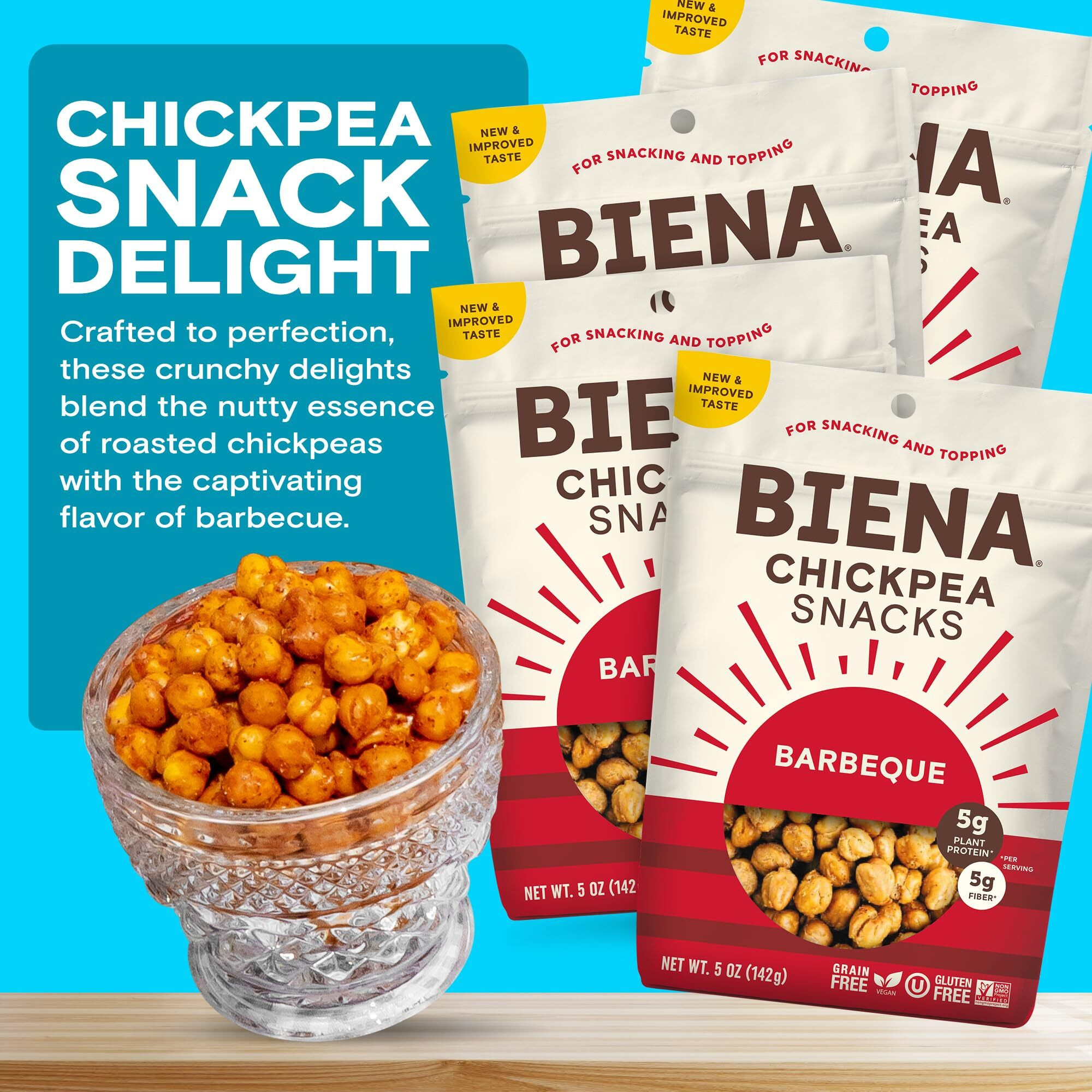 Biena Chickpea Snacks - Crunchy Roasted Chickpeas - High Fiber Vegan Protein Snacks For Adults And Kids - 4-Pack, 5 Ounce Bags - Barbecue