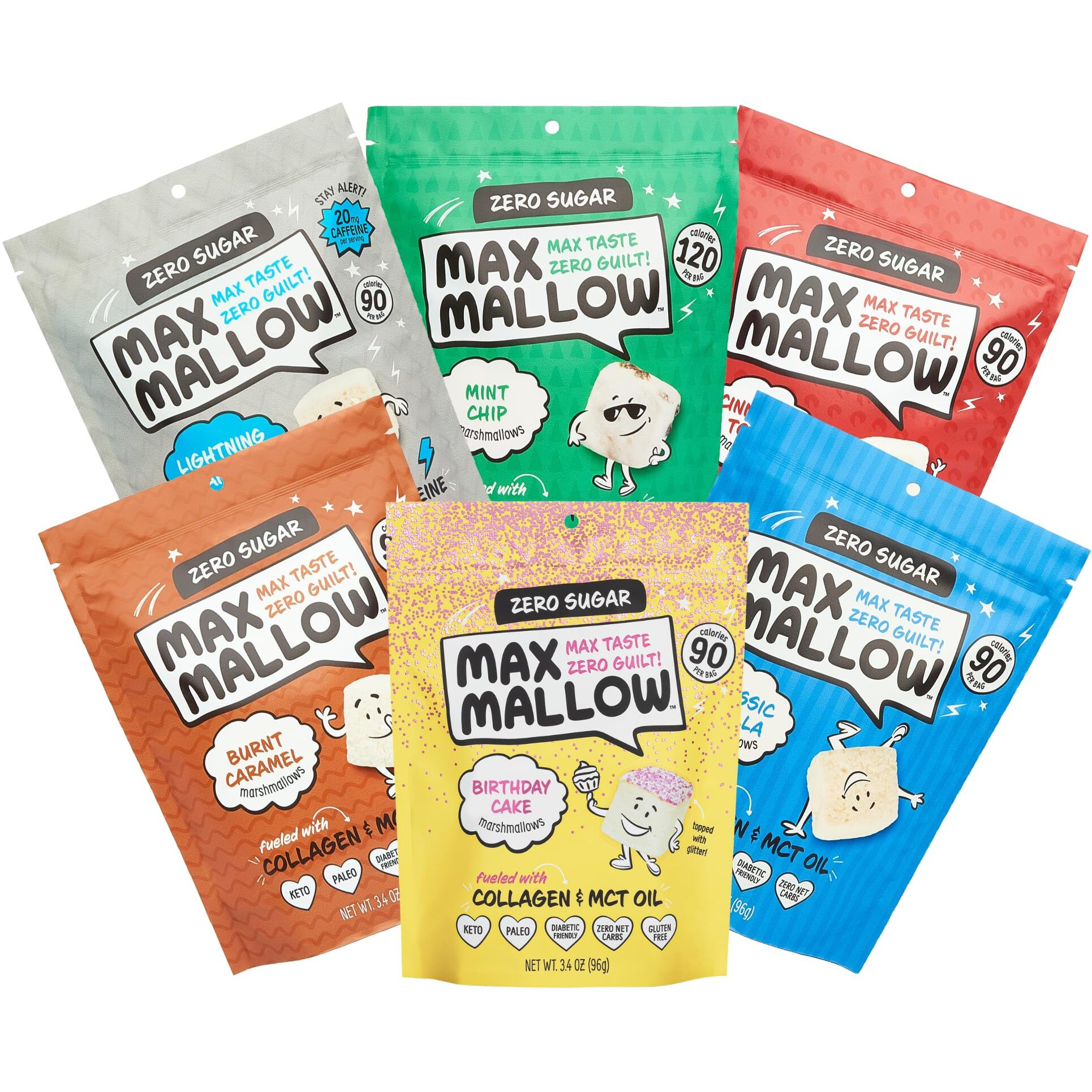 Know Brainer Max Mallow Variety Pack Guilt-Free & Zero Sugar Marshmallows - Low Carb, Zero Fat, Gluten-Free & Ketogenic Marshmallow Fueled With Collagen, Mct Oil & Prebiotic Fiber Pack Of 6