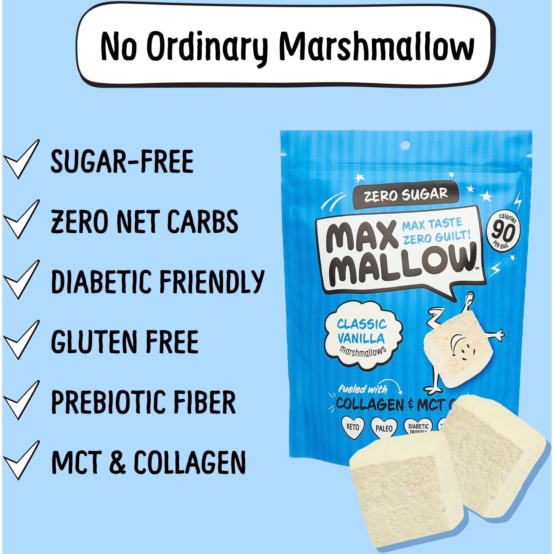 Know Brainer Max Mallow Variety Pack Guilt-Free & Zero Sugar Marshmallows - Low Carb, Zero Fat, Gluten-Free & Ketogenic Marshmallow Fueled With Collagen, Mct Oil & Prebiotic Fiber Pack Of 6