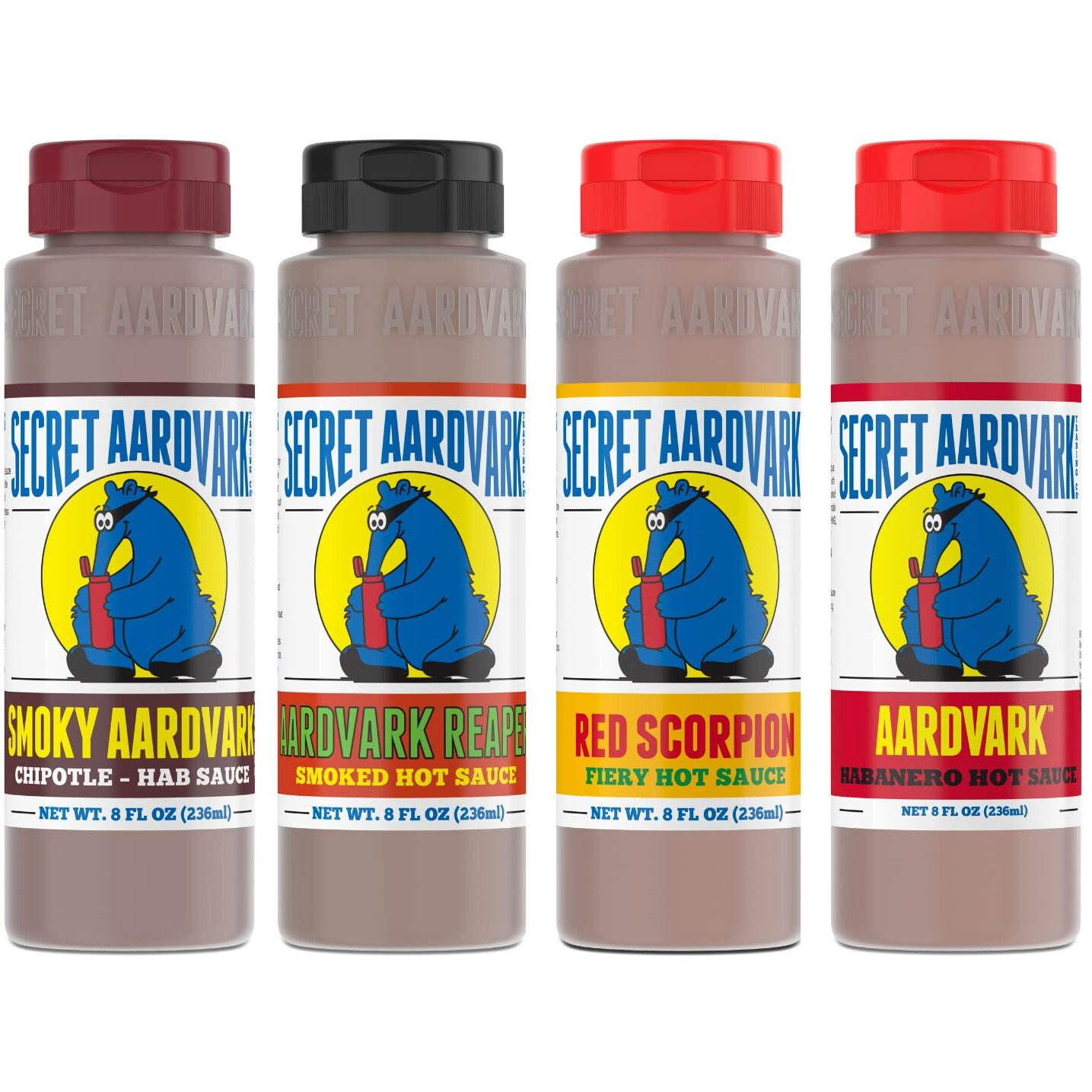 Secret Aardvark Hot Sauce Variety Pack - Smokey Chipotle, Reaper, Red Scorpion, And Habanero Hot Sauce, Low Carb, Gluten-Free Hot Sauce & Marinade Gift Set - 8 Fl Oz 4 Pack