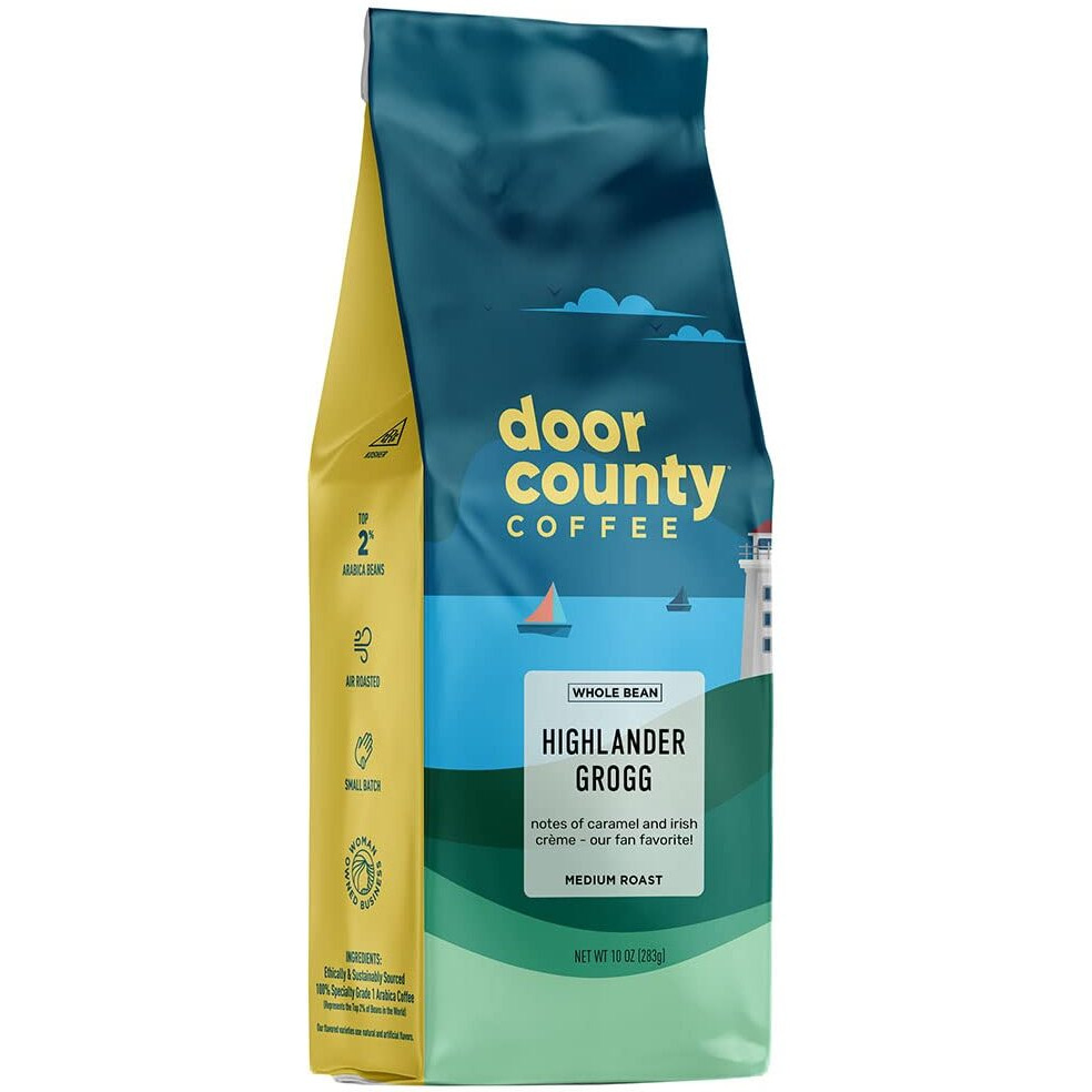 Door County Coffee Highlander Grogg Flavored Coffee Whole Bean | 10 Oz Bag | Medium Roast | 100% Specialty Arabica Coffee | Flavored Gourmet Coffee | Highlander Grogg