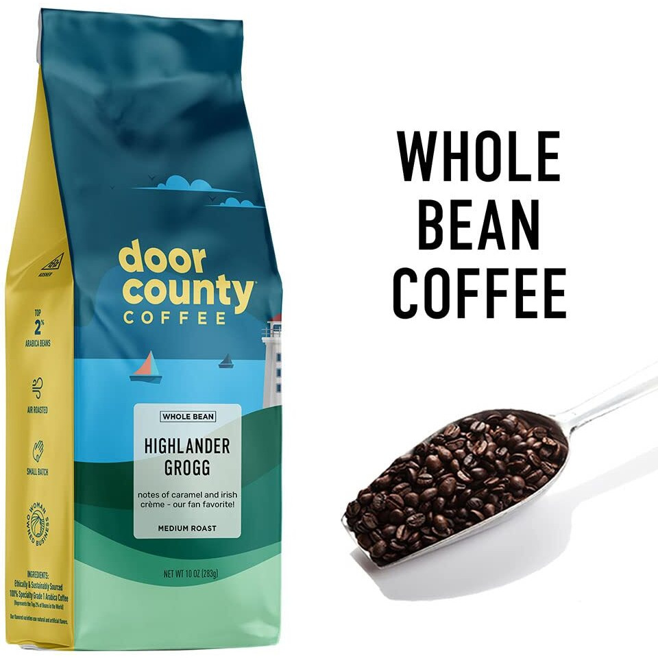 Door County Coffee Highlander Grogg Flavored Coffee Whole Bean | 10 Oz Bag | Medium Roast | 100% Specialty Arabica Coffee | Flavored Gourmet Coffee | Highlander Grogg