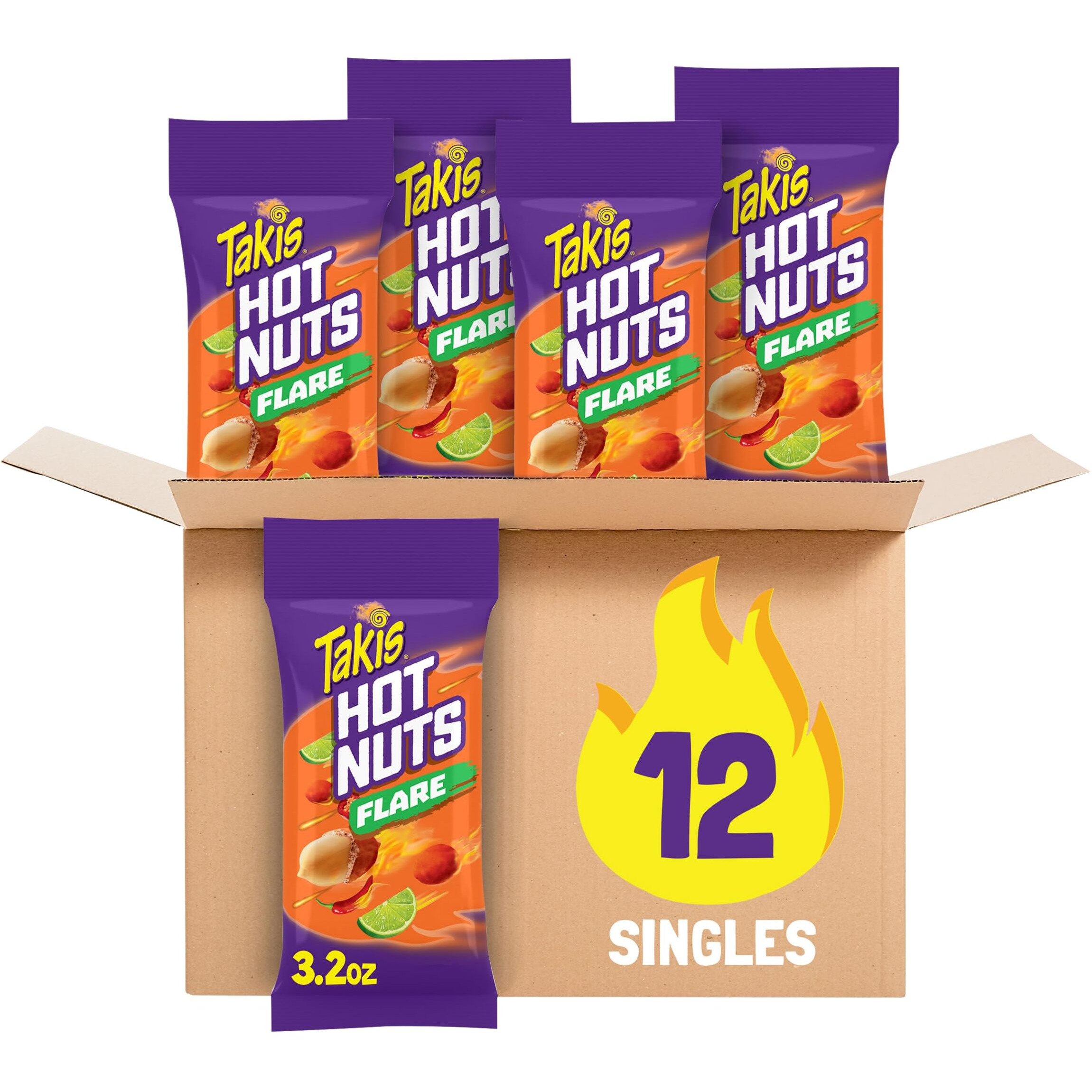 Takis Flare Hot Nuts 12 Pc / 3.2 Oz Snack Size Box, Chili Pepper & Lime Flavored Medium Spicy Double-Crunch Peanuts