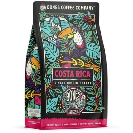 Bones Coffee Company Costa Rica Single-Origin Ground Coffee Beans, Low Acid Coffee, Made With Arabica Coffee Beans, Coffee Lover Gift Ideas, Ground Coffee Medium Roast (12 Oz)