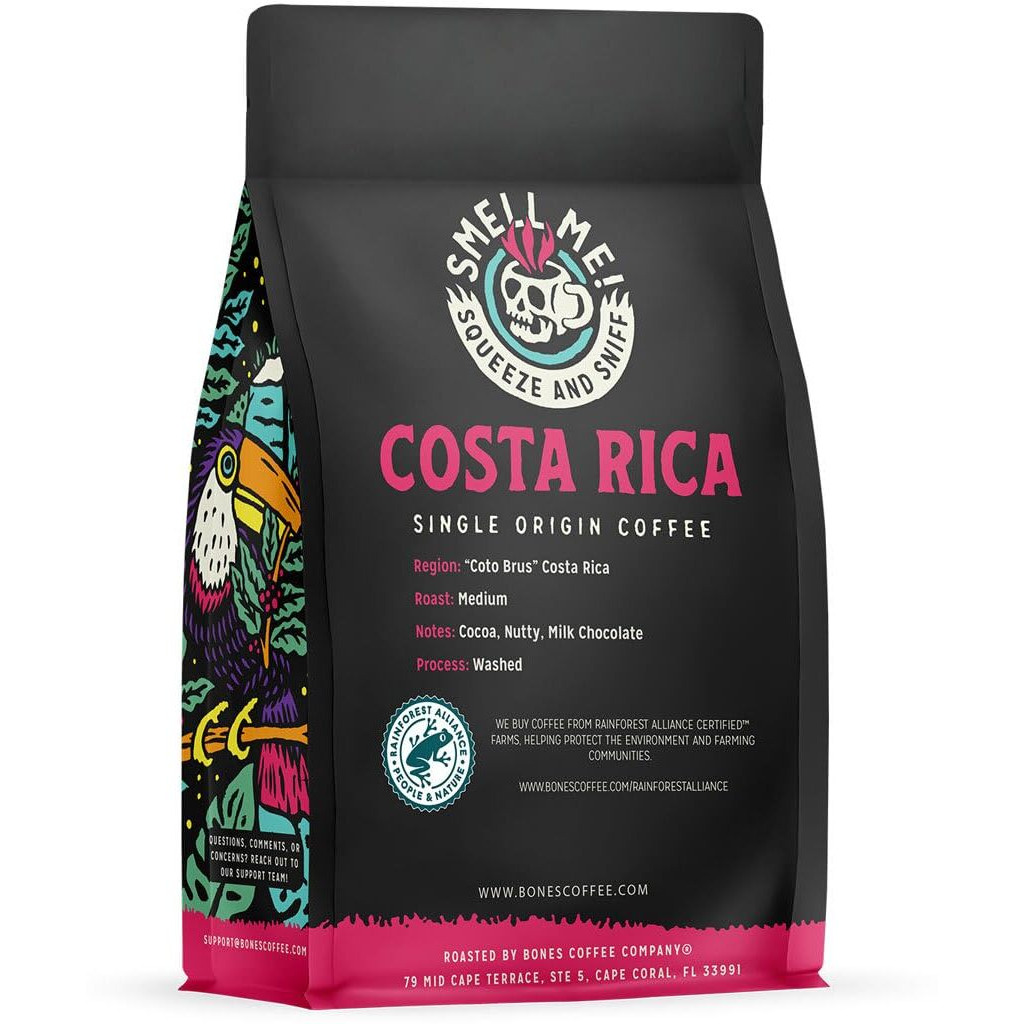Bones Coffee Company Costa Rica Single-Origin Ground Coffee Beans, Low Acid Coffee, Made With Arabica Coffee Beans, Coffee Lover Gift Ideas, Ground Coffee Medium Roast (12 Oz)