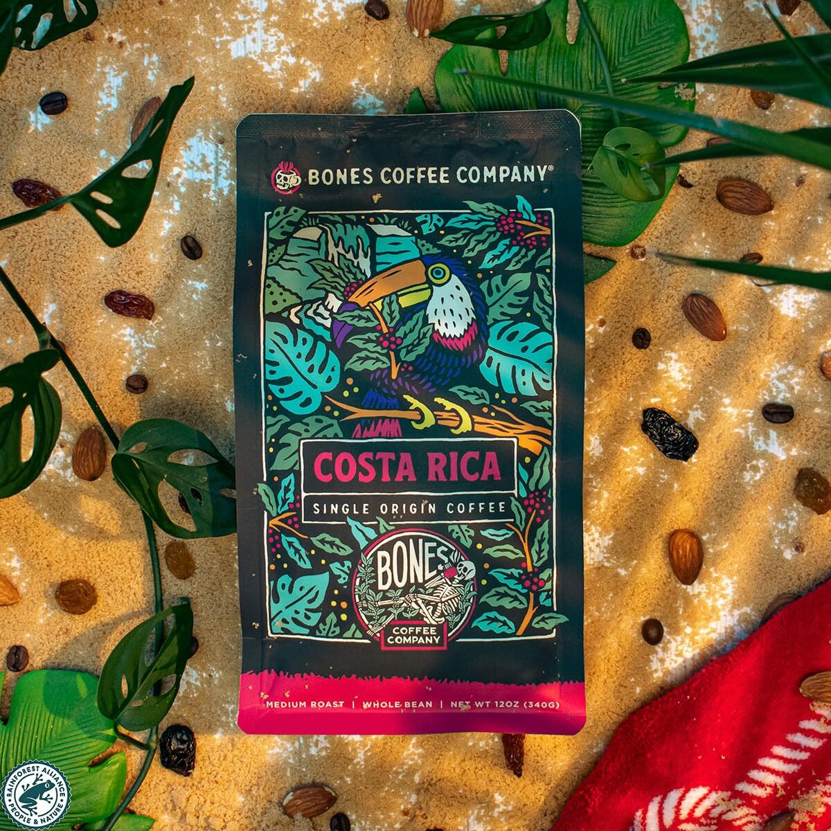 Bones Coffee Company Costa Rica Single-Origin Ground Coffee Beans, Low Acid Coffee, Made With Arabica Coffee Beans, Coffee Lover Gift Ideas, Ground Coffee Medium Roast (12 Oz)