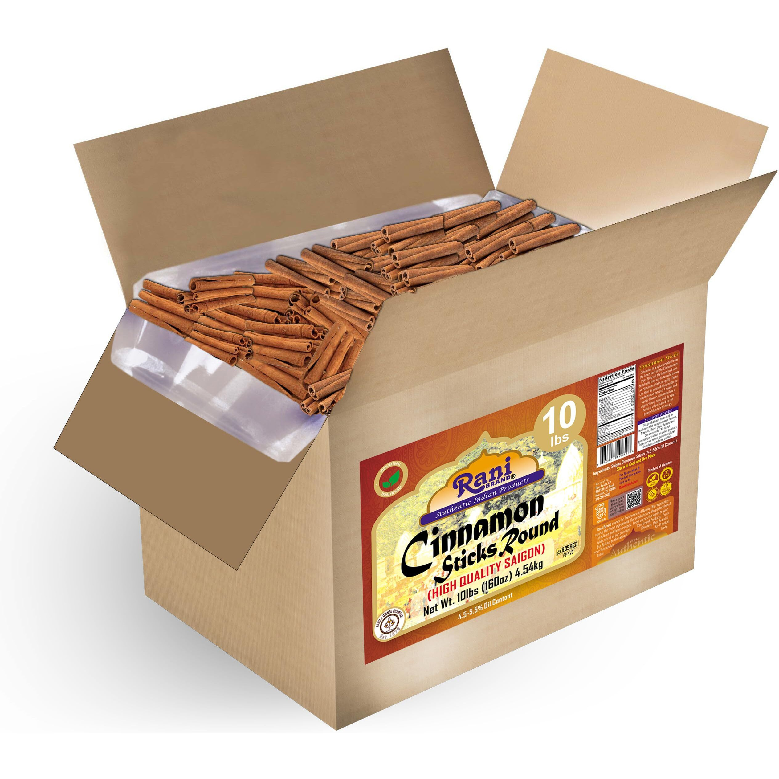Rani Cinnamon Sticks 160Oz (10Lbs) 4.54Kg Bulk Box - 875-1000 Sticks - Strong Aroma, Perfect For Baking, Cooking & Beverages | 3+ Inches Length - Cassia Saigon Cinnamon From Vietnam | Kosher