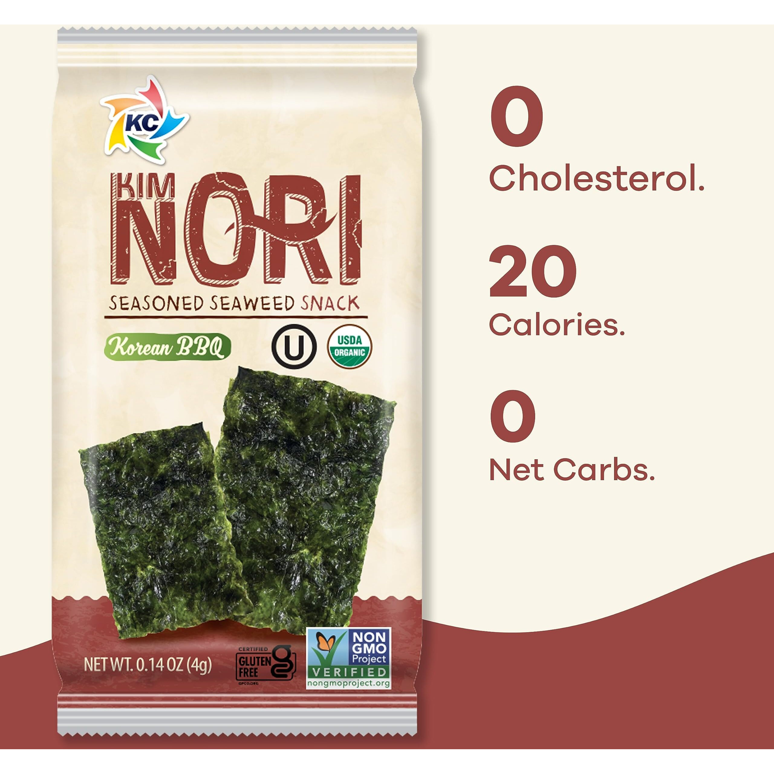 Kimnori Seasoned Seaweed Snacks Sheets - Organic Korean Bbq Flavor 12 Individual Packs Roasted Crispy Premium 100% Natural Laver Kim Nori 4G 0.14 Ounce