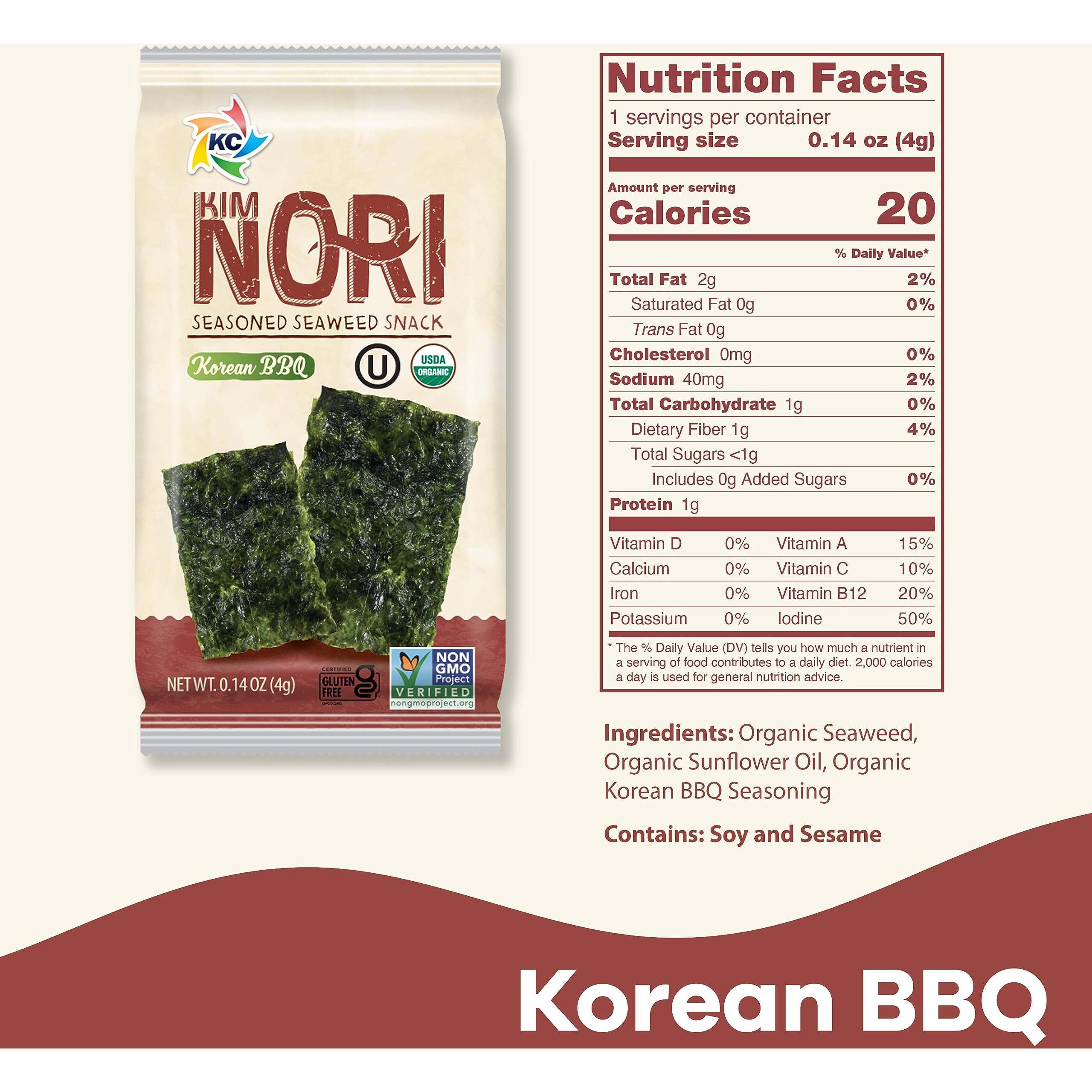 Kimnori Seasoned Seaweed Snacks Sheets - Organic Korean Bbq Flavor 12 Individual Packs Roasted Crispy Premium 100% Natural Laver Kim Nori 4G 0.14 Ounce