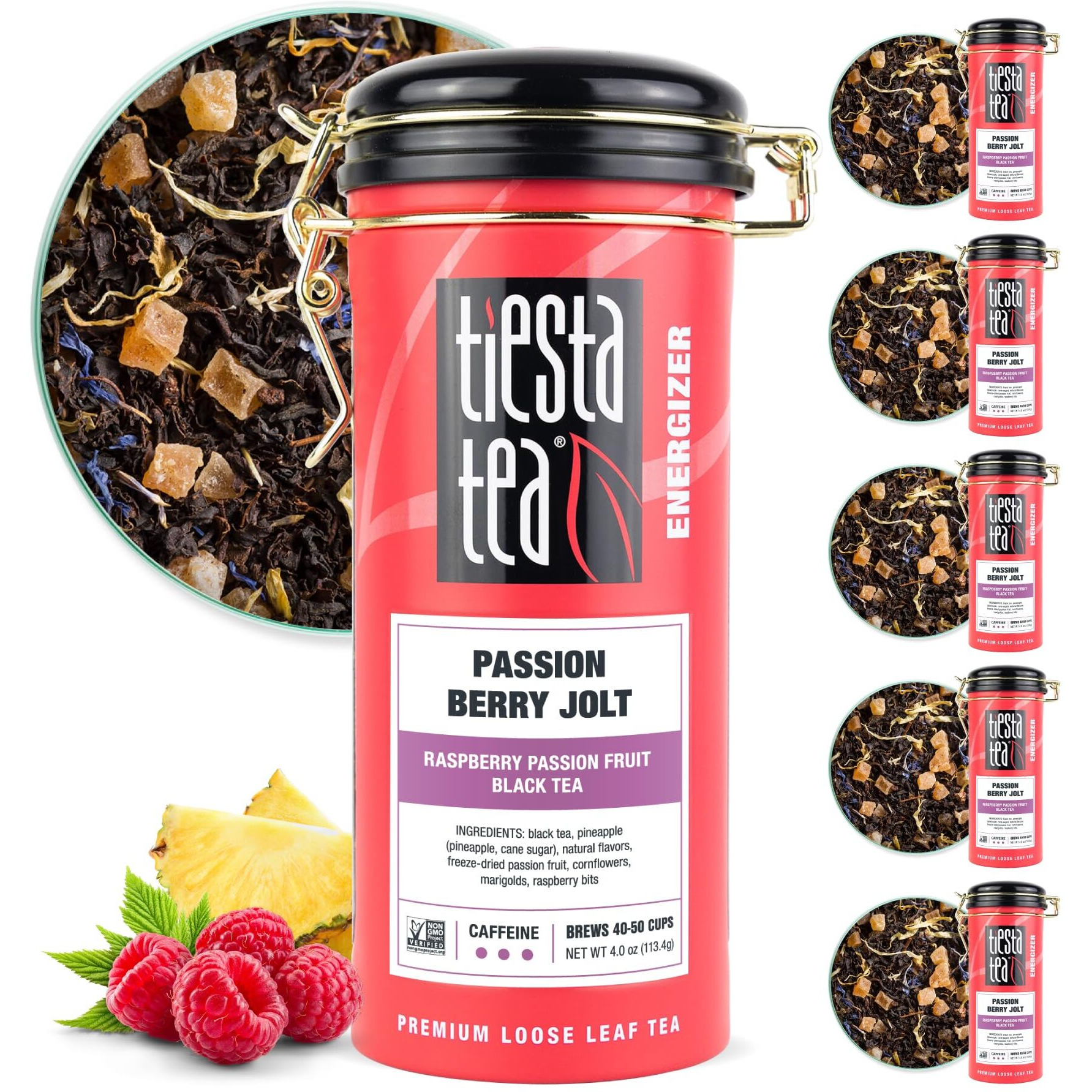 Tiesta Tea - Passion Berry Jolt, Raspberry Passion Fruit Black Tea, Loose Leaf, Up To 50 Cups, Make Hot Or Iced, Caffeinated, 4 Ounce Refillable Tin, Pack Of 6