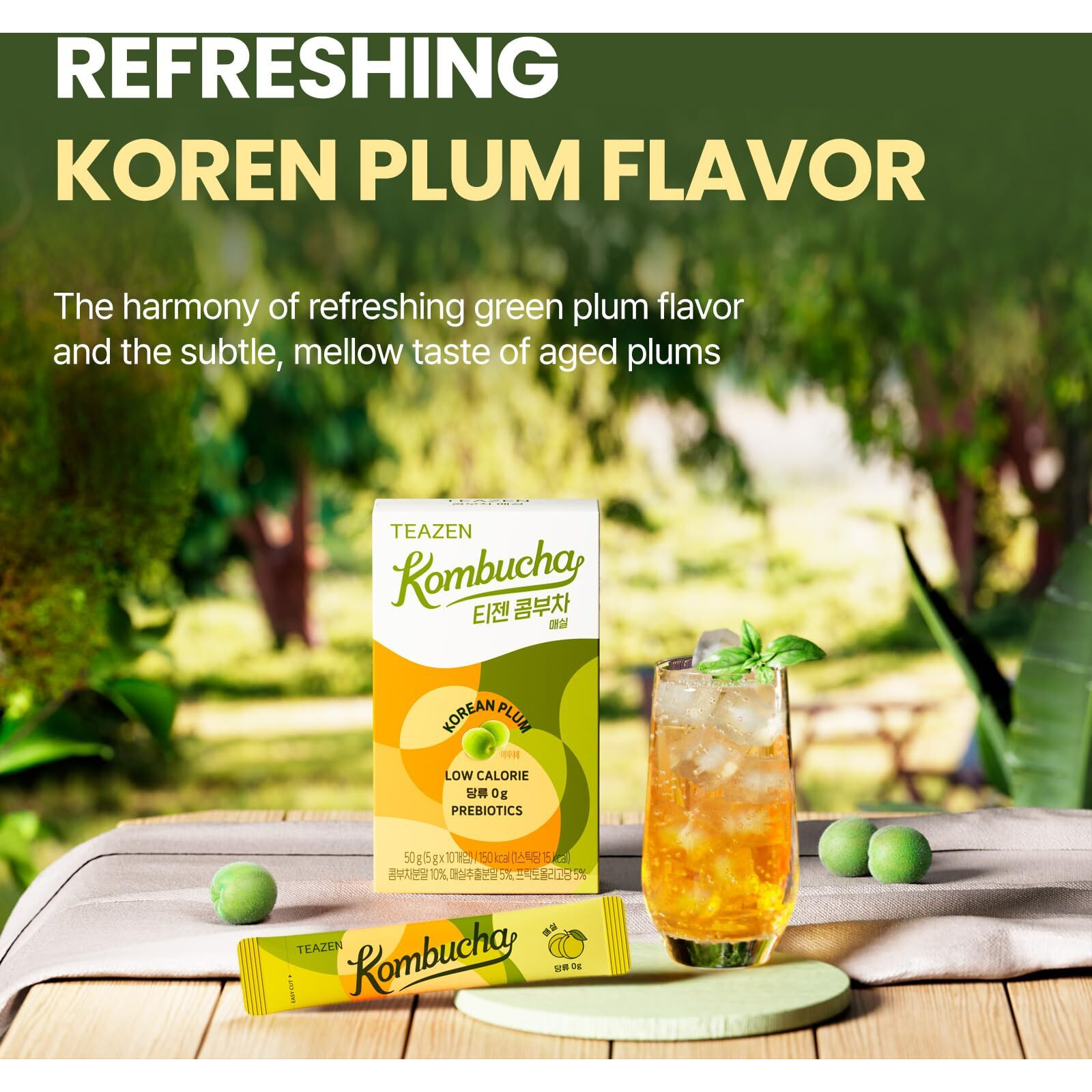 Teazen Korean Plum Kombucha Tea, Electrolyte Powder & Hydration Drink Mix, Sugar Free, Live Probiotics & Prebiotics, 10 Sticks, 1.76Oz
