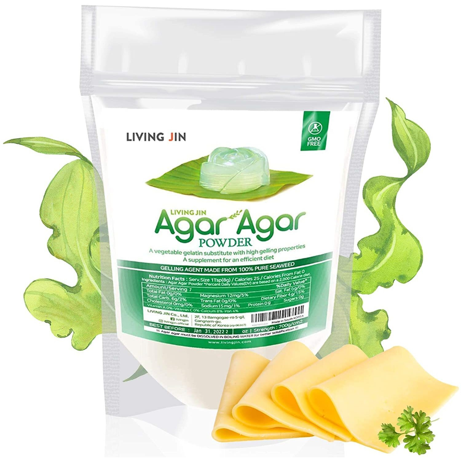 Agar Agar Powder (12Oz), Unflavored Pure Vegan Gelling Agent By Living Jin, Certified Kosher, Halal, Non-Gmo, Gluten-Free, Keto-Friendly